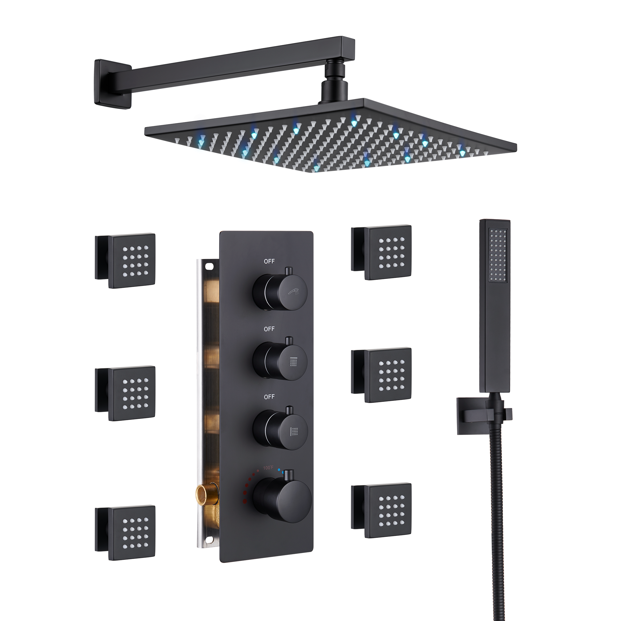 12" Thermostatic LED Shower System Wall-Mount Rain Showerhead with 6 Body Jets