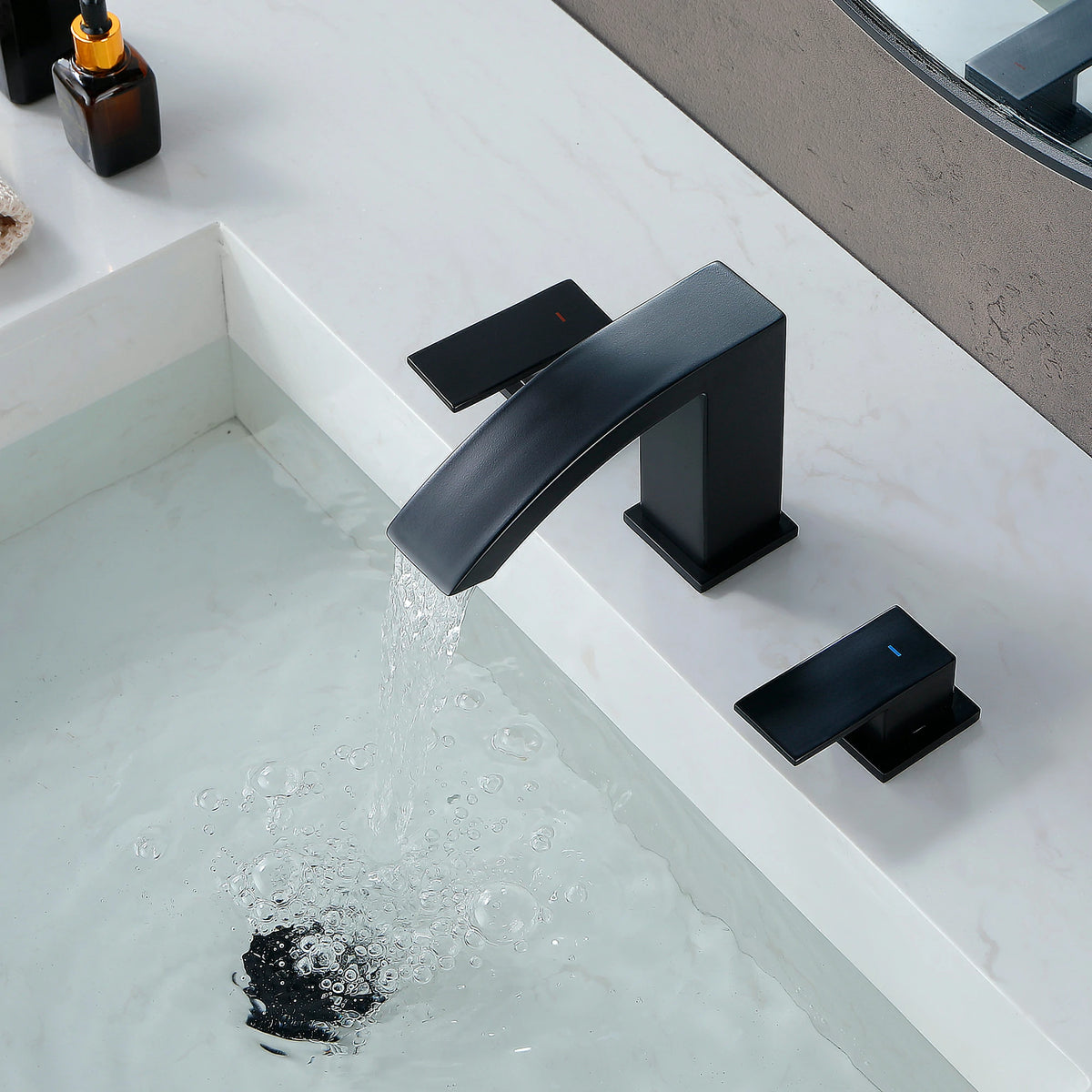 360° Swivel 2-Handle 3-Hole Widespread Bathroom Faucet with Drain in Brushed Gold/Brushed Nickel/Matte Black