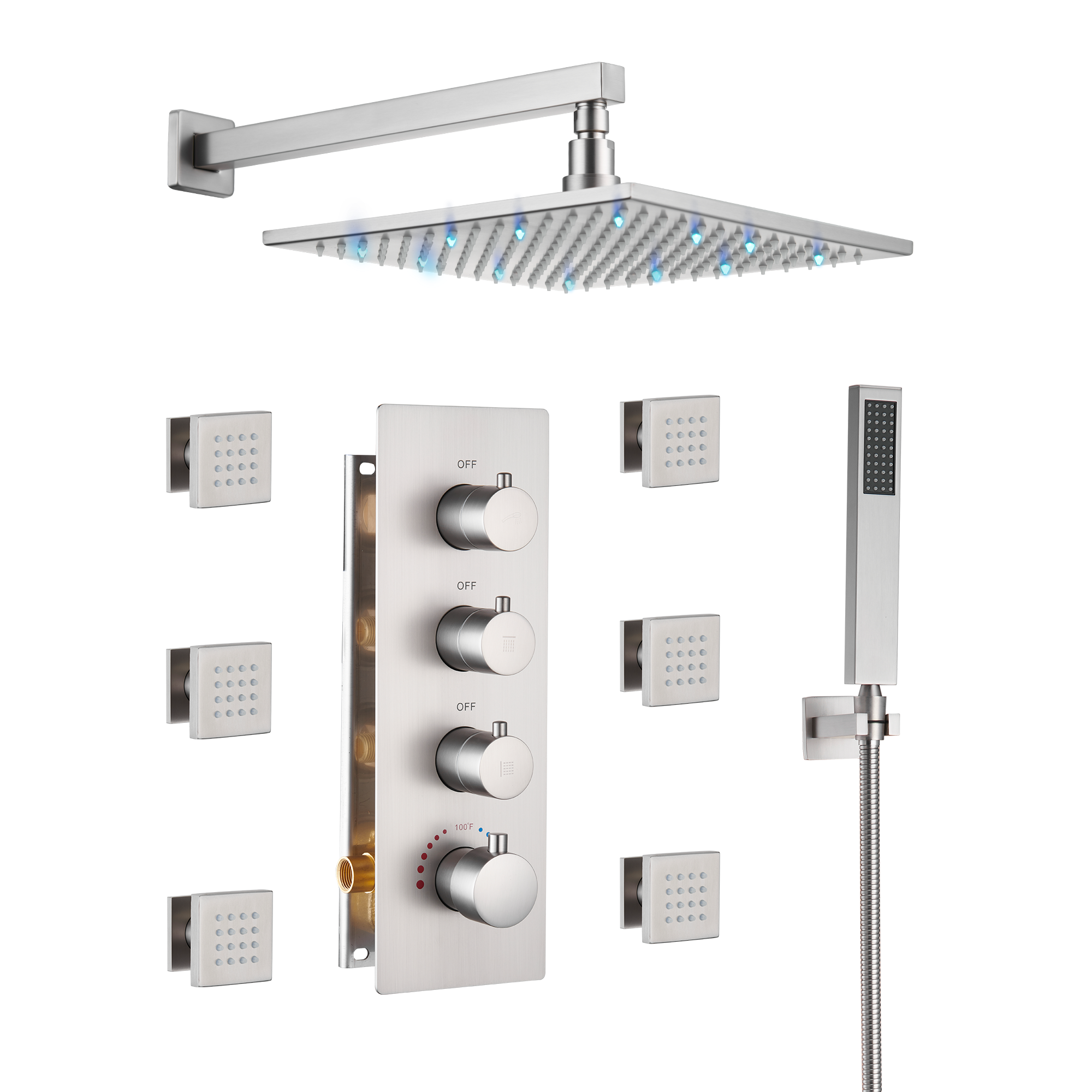 12" Thermostatic LED Shower System Wall-Mount Rain Showerhead with 6 Body Jets