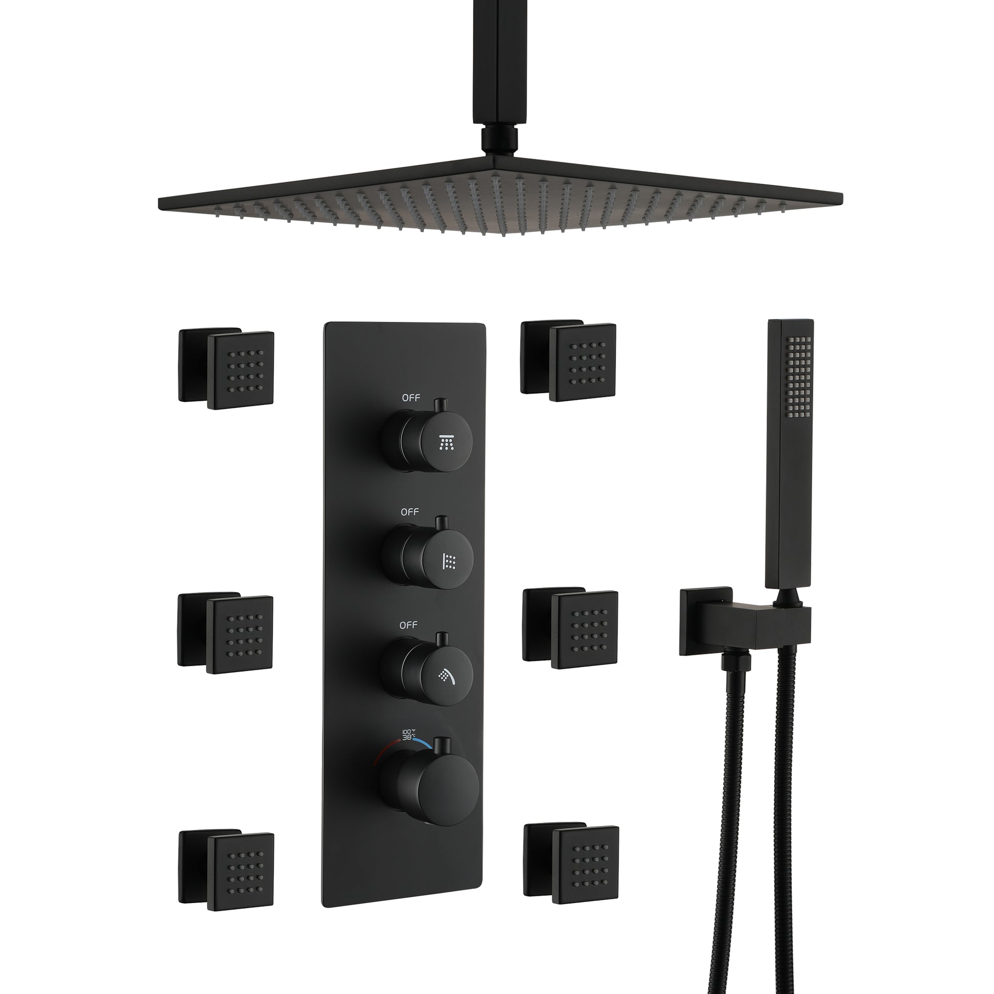 12" Ceiling-Mounted Rainfall Shower System with Handheld & Body Jets