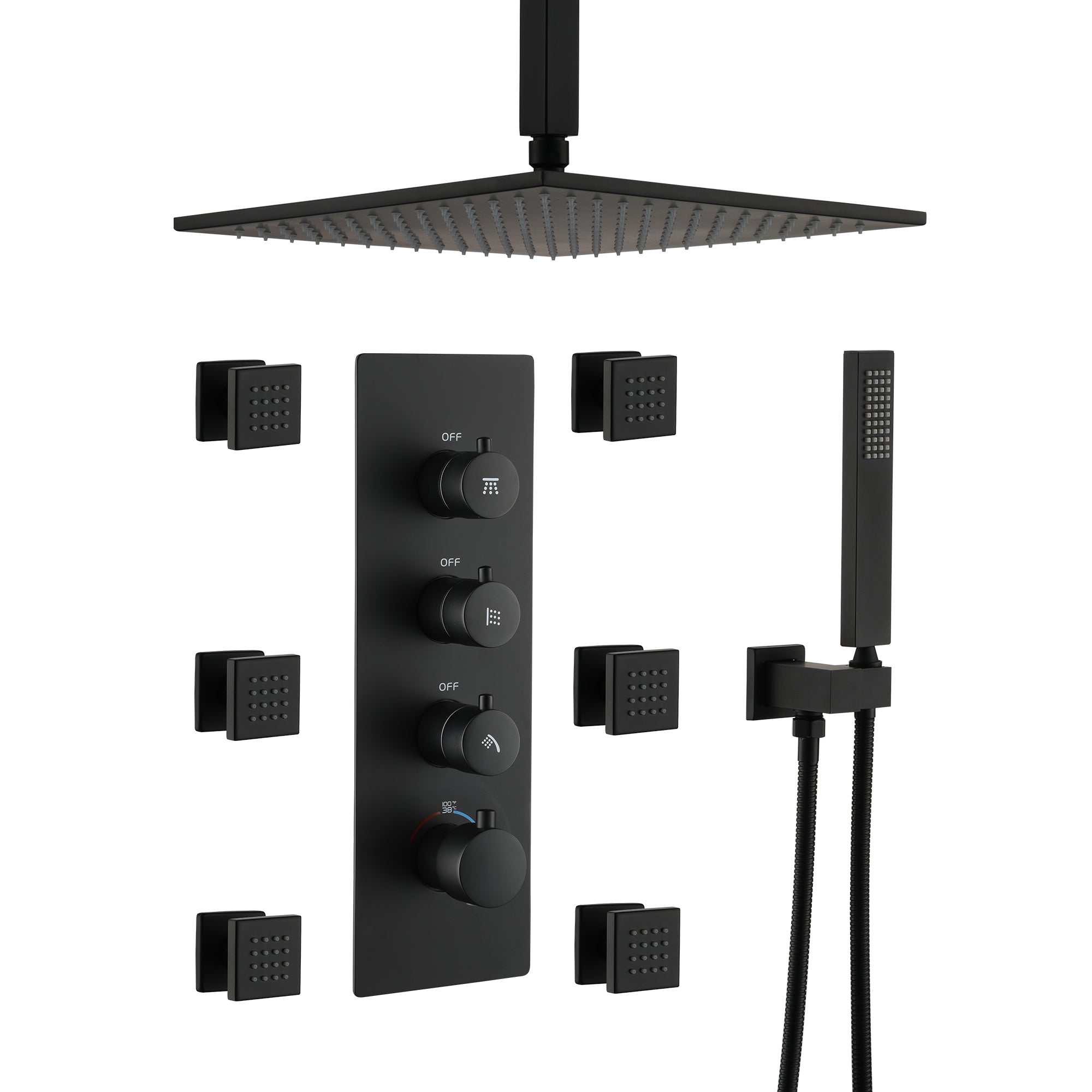 12" Ceiling-Mounted Rainfall Shower System with Handheld & Body Jets