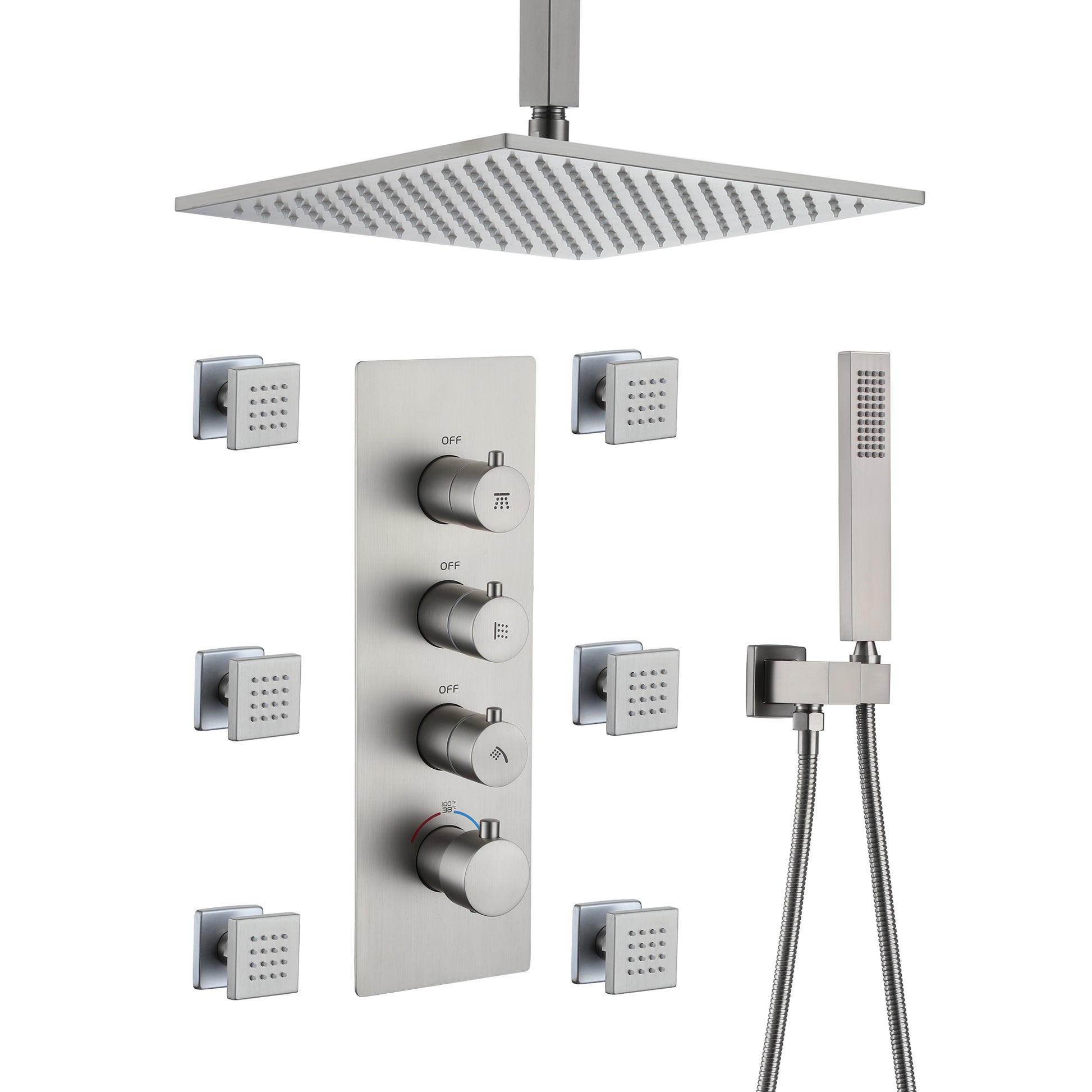 12" Ceiling-Mounted Rainfall Shower System with Handheld & Body Jets