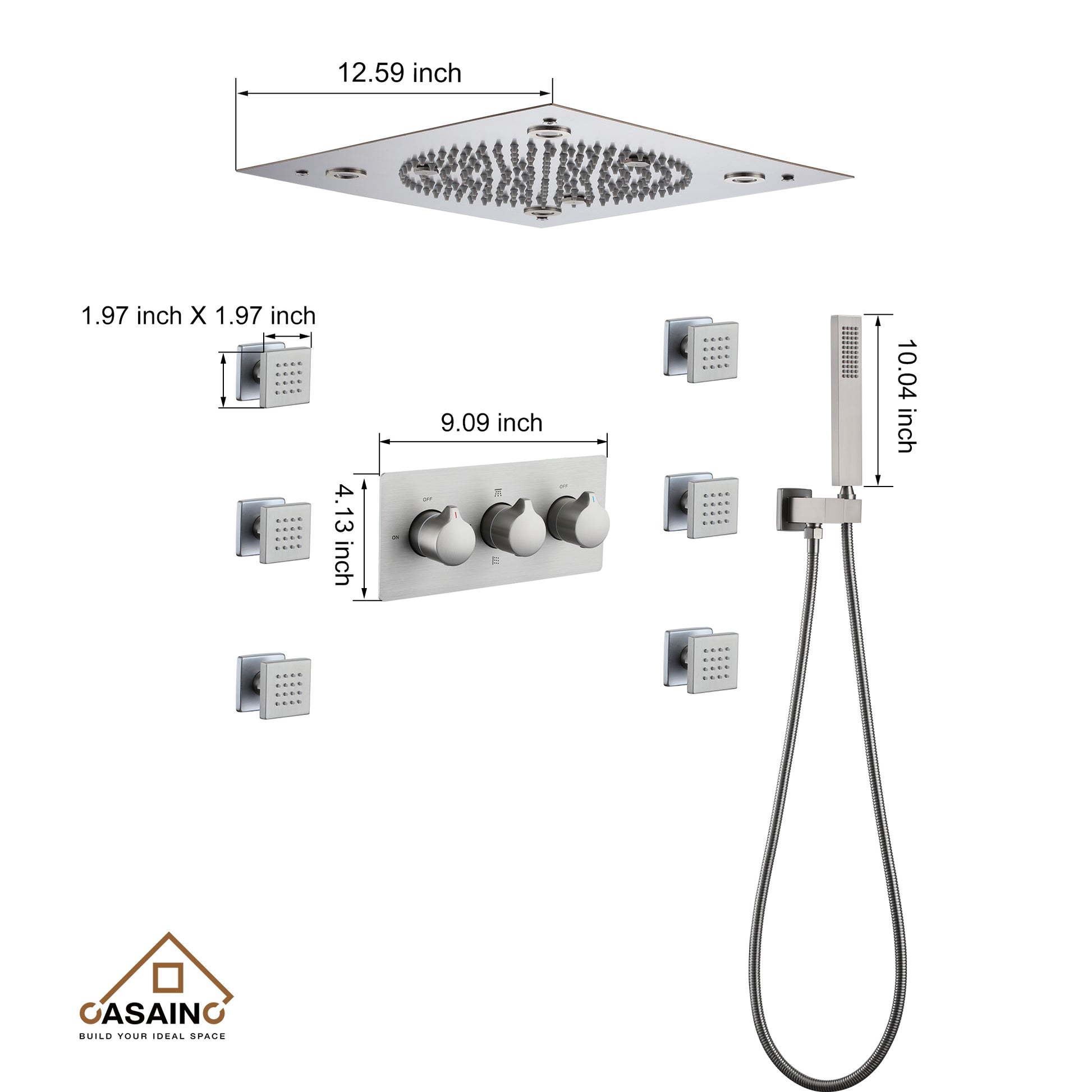 12.59" Flush-Mounted 3-Function Shower System with LED Lights