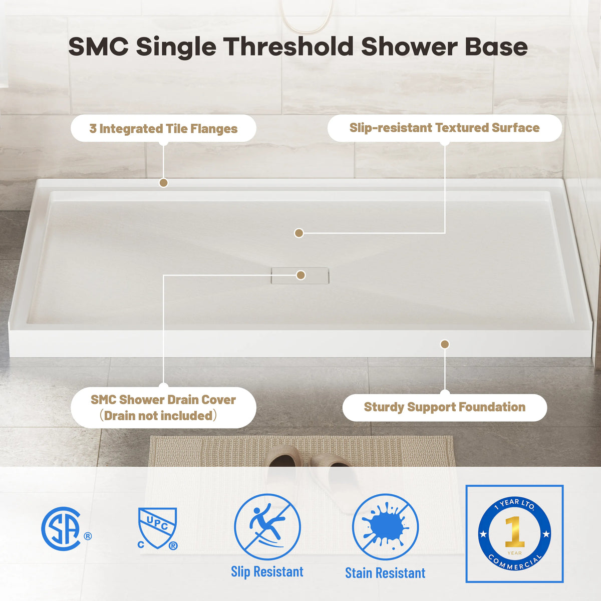 36"-60"x30"-36" White SMC Shower Base with Flamed Rock Slip-Resistant Surface, Center Drain