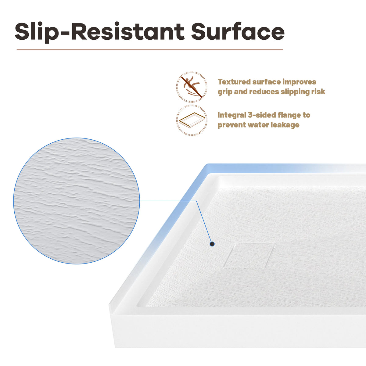 48"/60"x30"-36" White SMC Shower Base with Flamed Rock Slip-Resistant Surface, Left/Right Drain