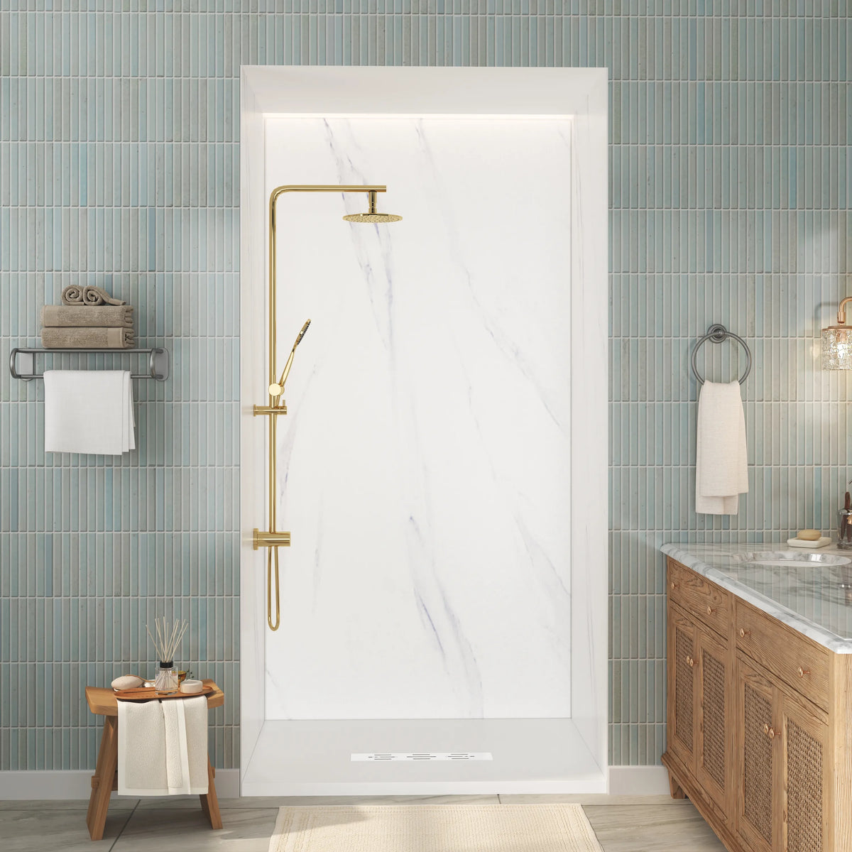 48"x36"x96" Calacatta/Cararra White SMC Shower Wall Panel System, Waterproof Grout-Free Shower Surround