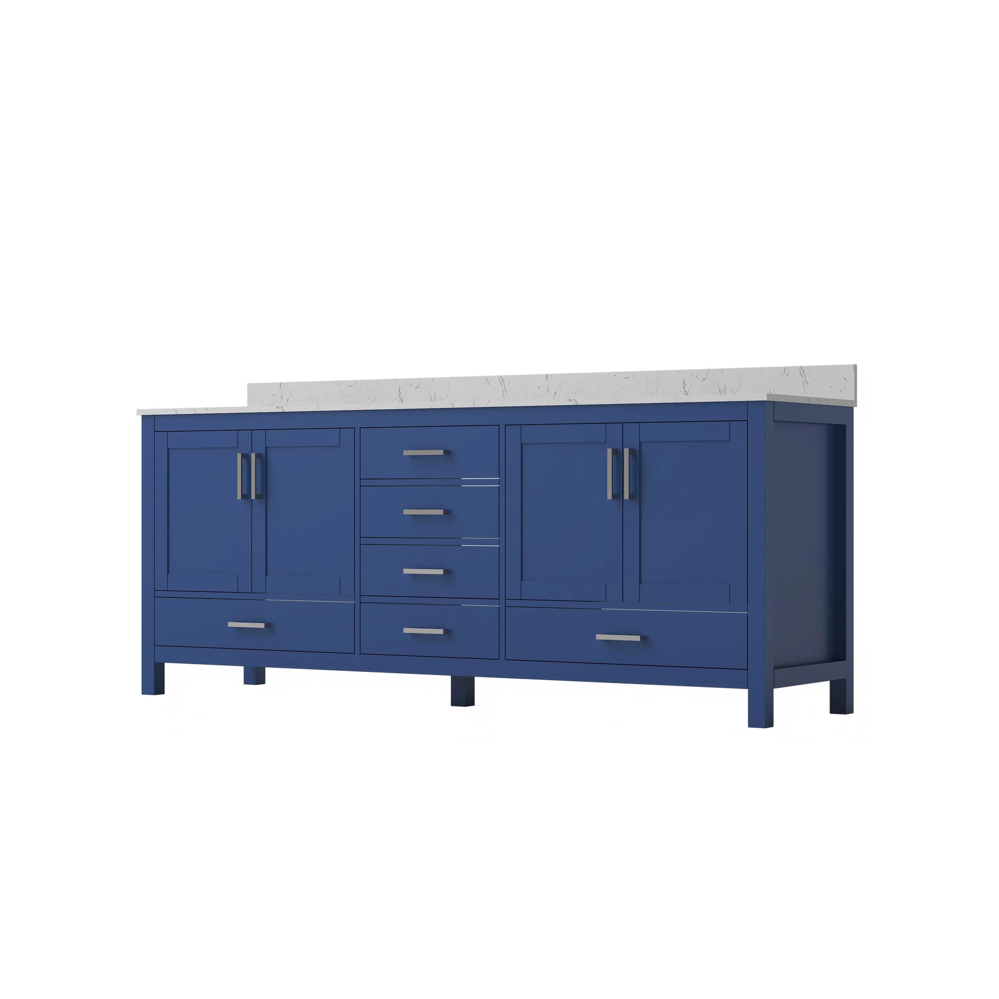 60"/84" Navy Blue Double Sink Bathroom Vanity with White Marble-Pattern Top
