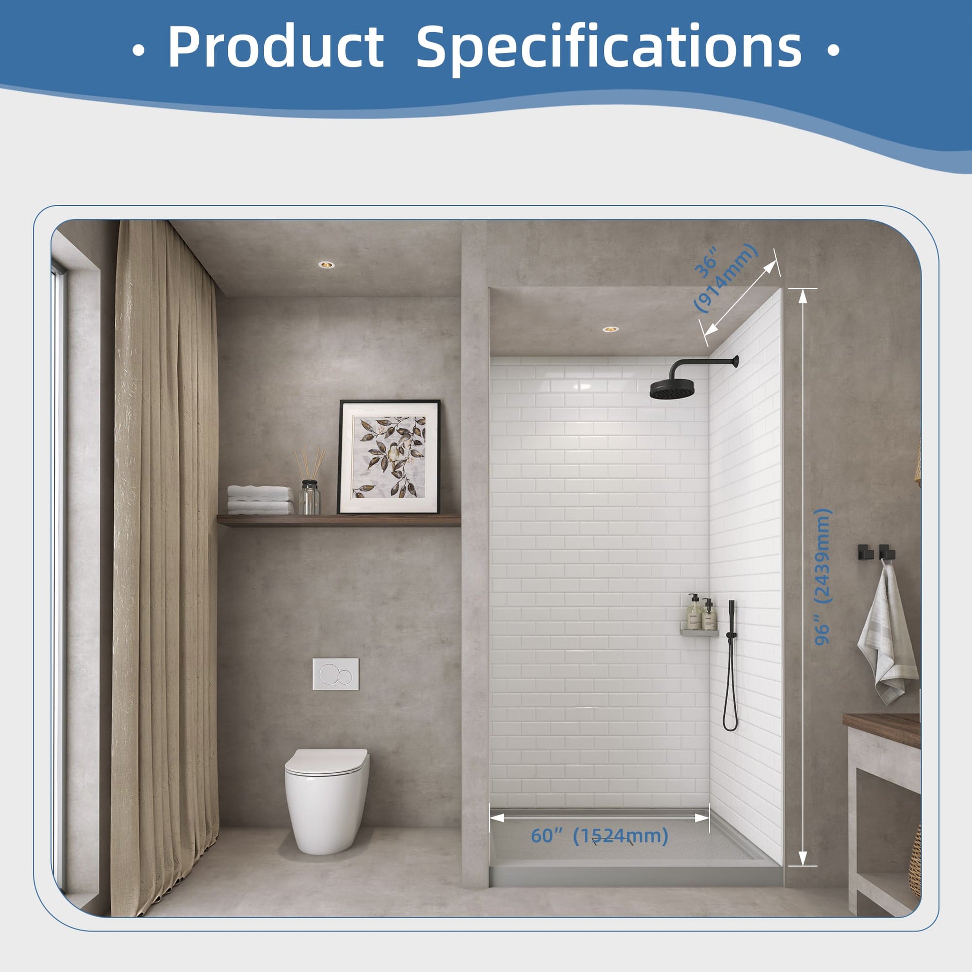60"x32"x96" SMC Shower Wall Panel Kit with Small Subway Tile Pattern with Matte White / Glossy White Finish