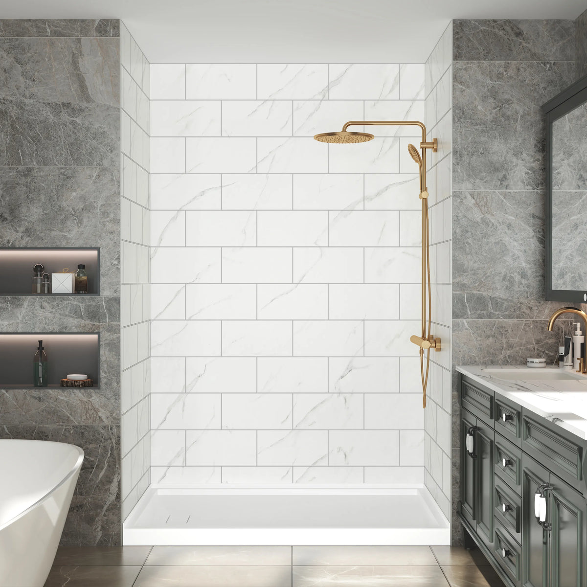 60"x36"/48"x96" Medium Tile Pattern SMC Shower Wall Panel System in 4 Finishes