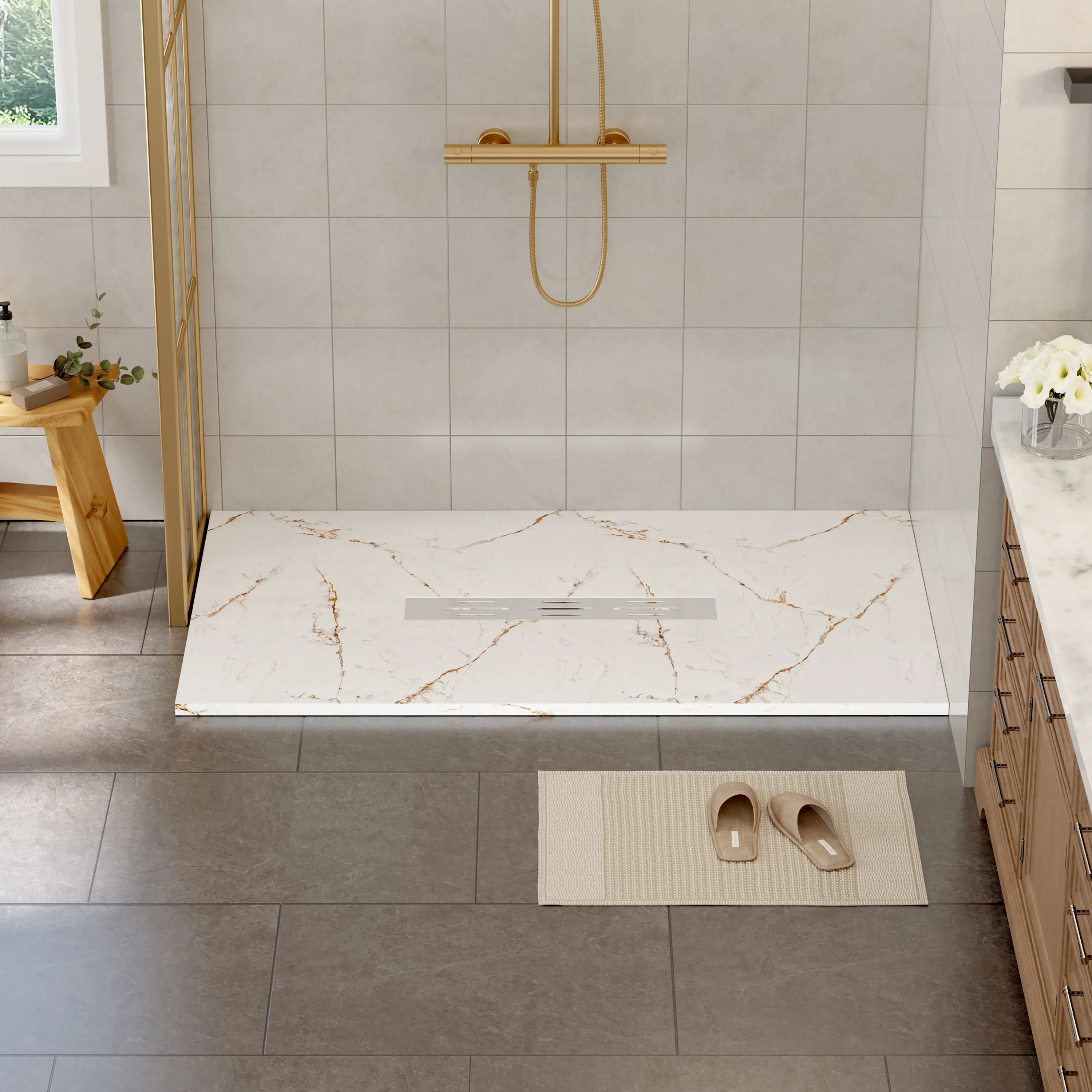 60"x36" White/Calacatta Curbless SMC Shower Base with Flamed Rock Slip-Resistant Surface, Center Drain