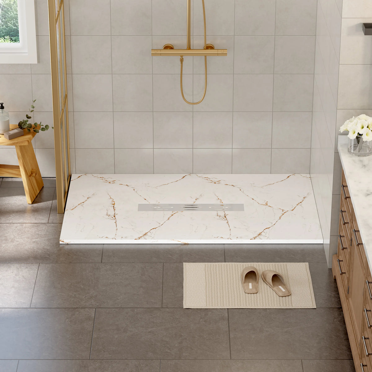 60"x36" White/Calacatta Curbless SMC Shower Base with Flamed Rock Slip-Resistant Surface, Center Drain