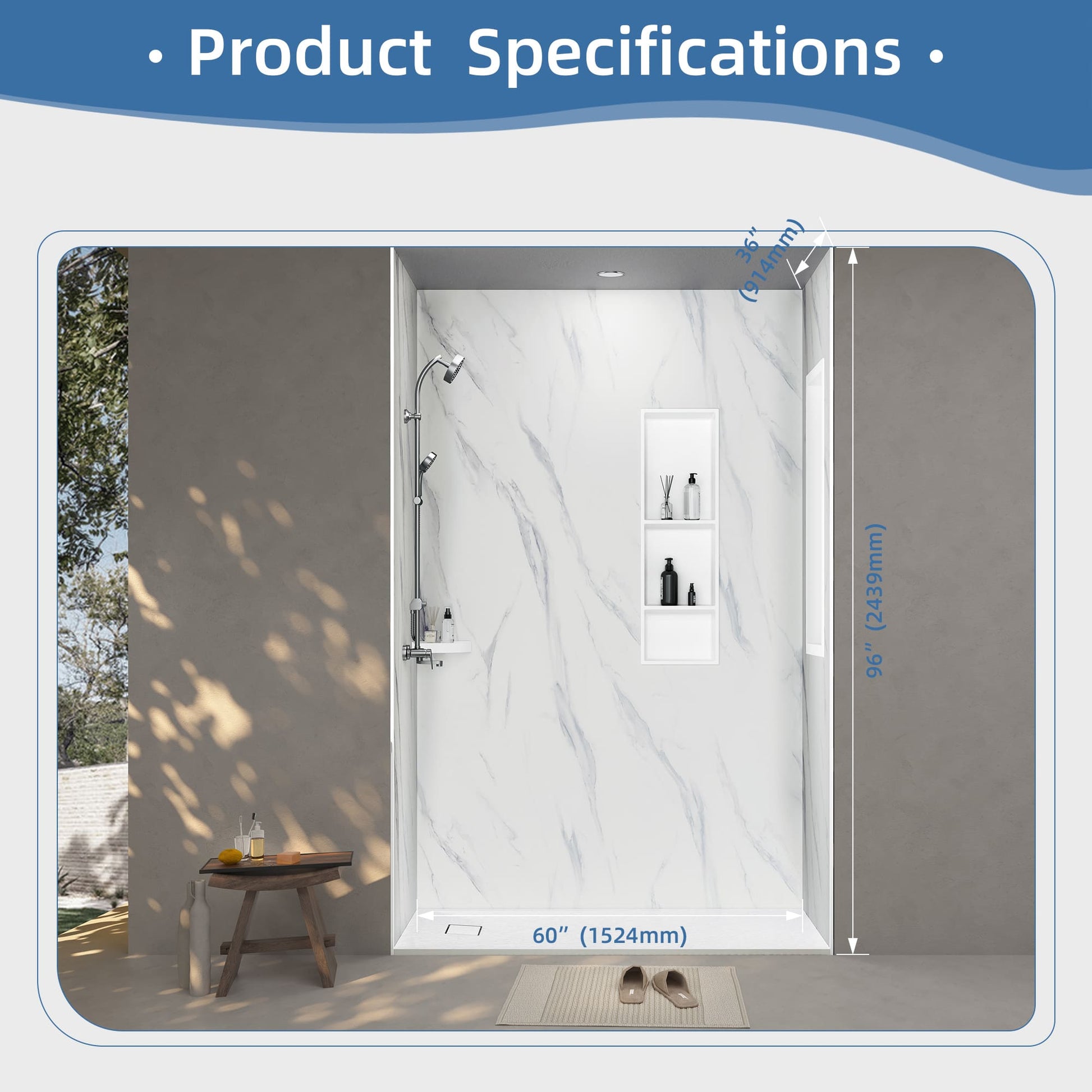 60"x36"x96" SMC Shower Wall Panel Kit in Calacatta/Carrara Finish with Grout-Free Matte Surface