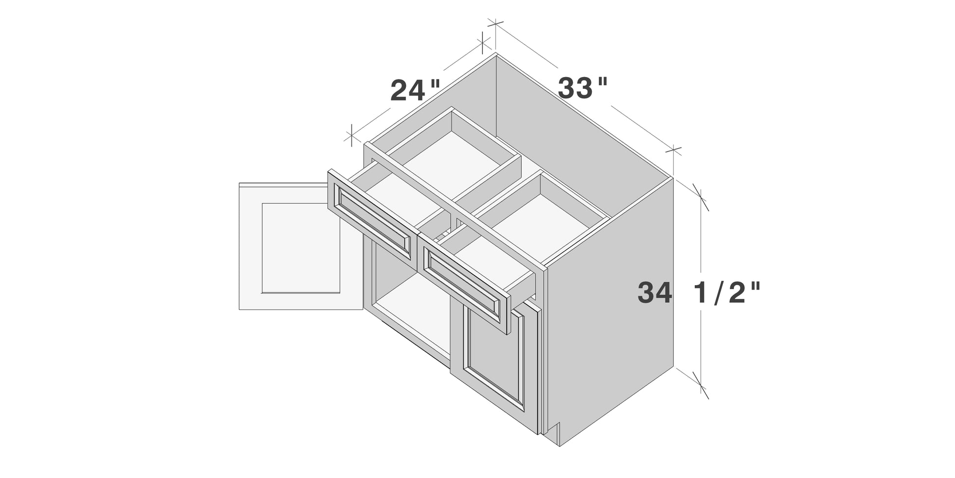 Glacier White RTA 33"-42"W x 24"D x 34.5"H Standard Base Cabinets With 2 Doors, 2 Drawers & 1 Shelf