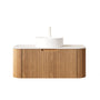 Floating Bathroom Vanity with Curved Edges, Fluted Drawer Fronts, Carrara Sintered Stone Top and Round Ceramic Vessel Sink, Natural Woodgrain / Dark Walnut