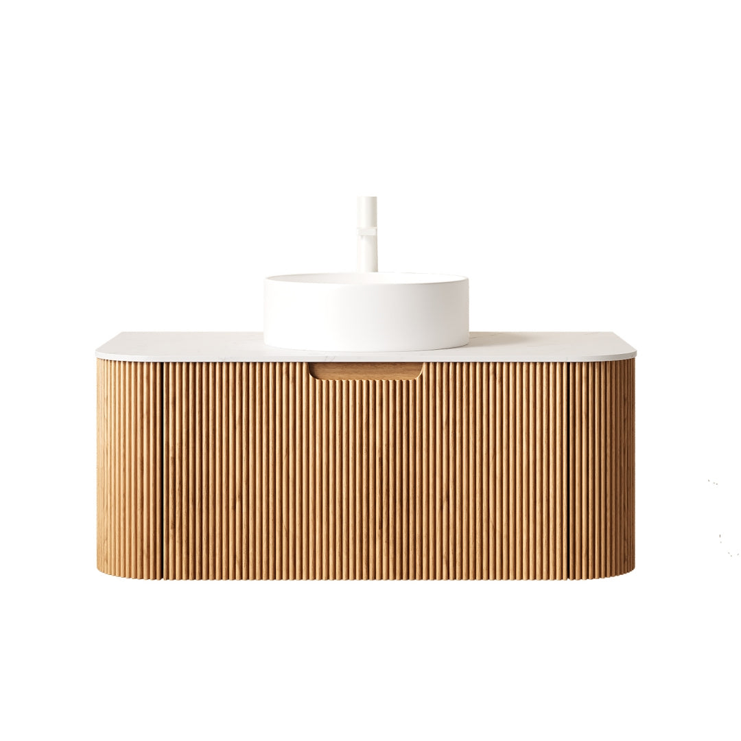 Floating Bathroom Vanity with Curved Edges, Fluted Drawer Fronts, Carrara Sintered Stone Top and Round Ceramic Vessel Sink, Natural Woodgrain / Dark Walnut