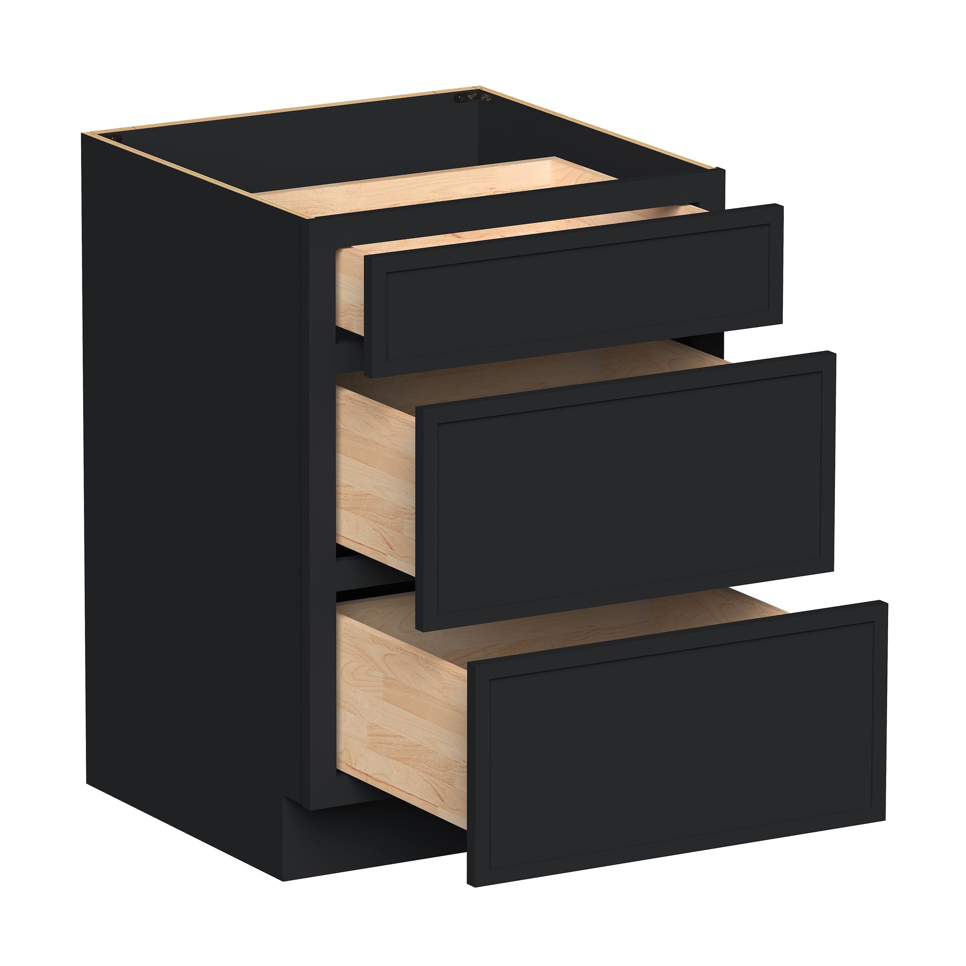 Slim Ebony Black Shaker RTA 12"-36"W x 34.5"H x 24"D 9-Size Drawer Base Cabinet with 3 Drawers
