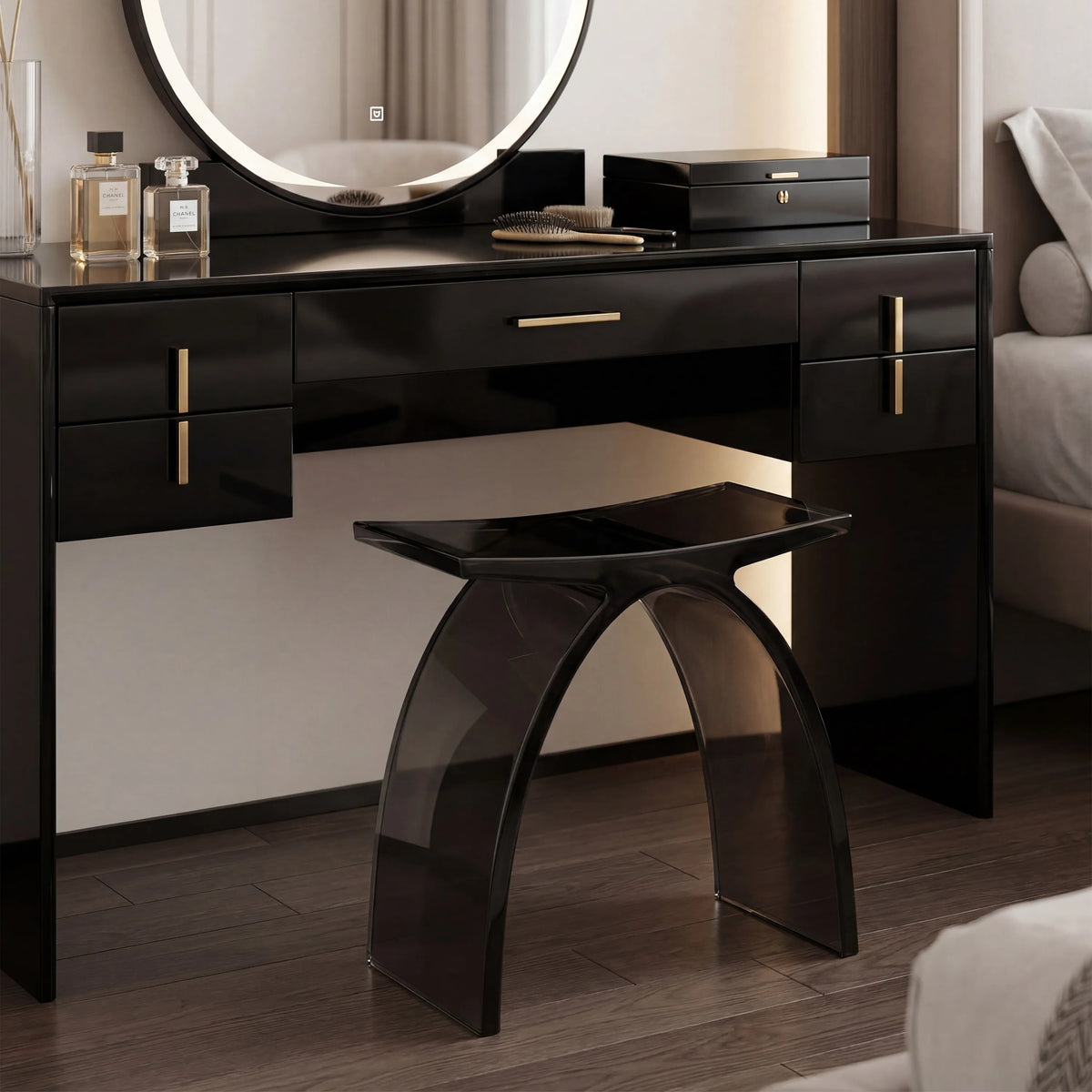 Translucent Resin Arched Solid Surface Bathroom Shower Bench in Glossy Smoke Black/Amber