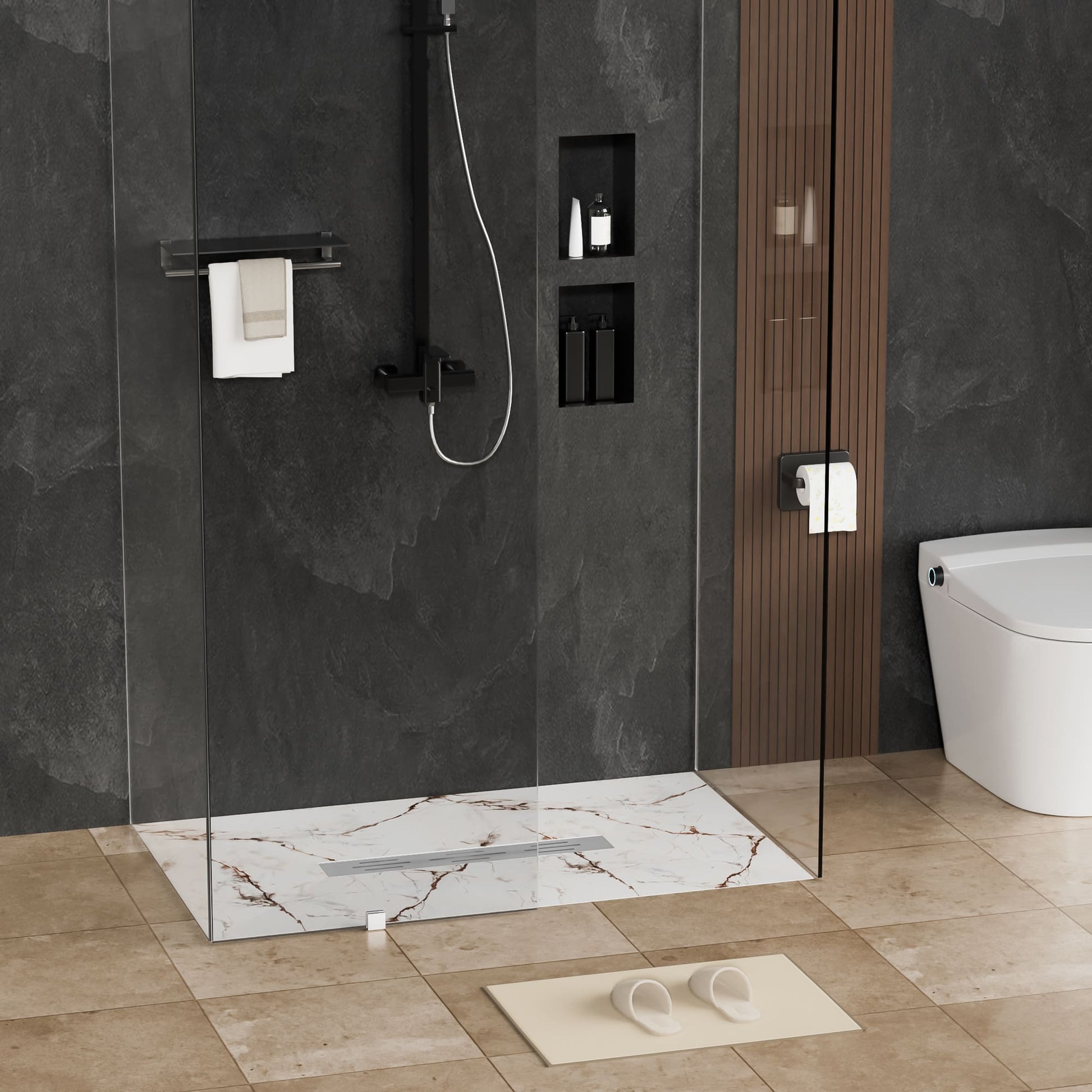 White/Calacatta Curbless SMC Shower Base with Flamed Rock Slip-Resistant Surface, Center Drain