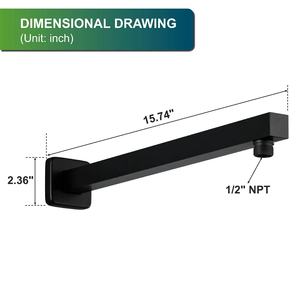 15.75-Inch Wall Mounted Square Shower Arm with Flange in Black