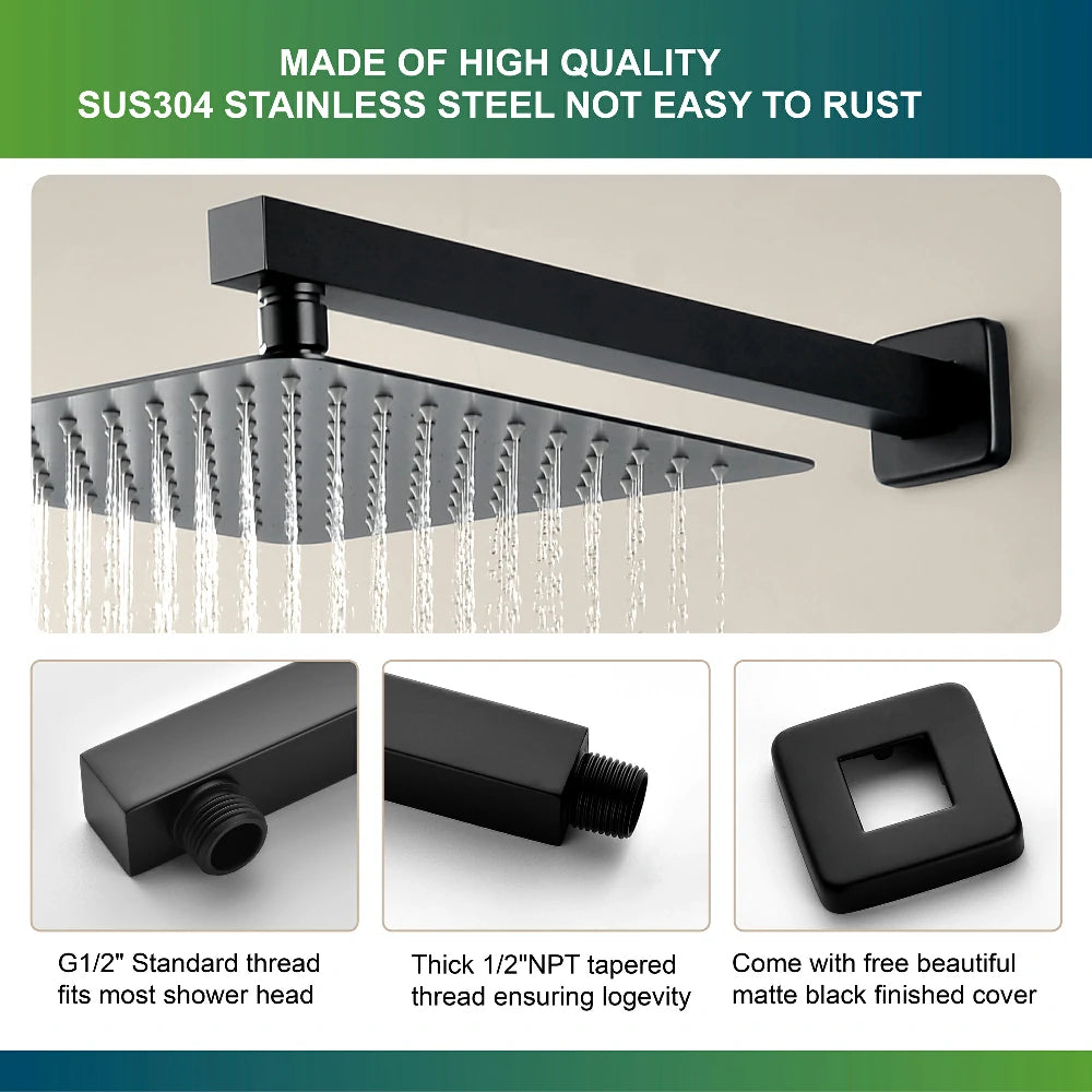 15.75-Inch Wall Mounted Square Shower Arm with Flange in Black