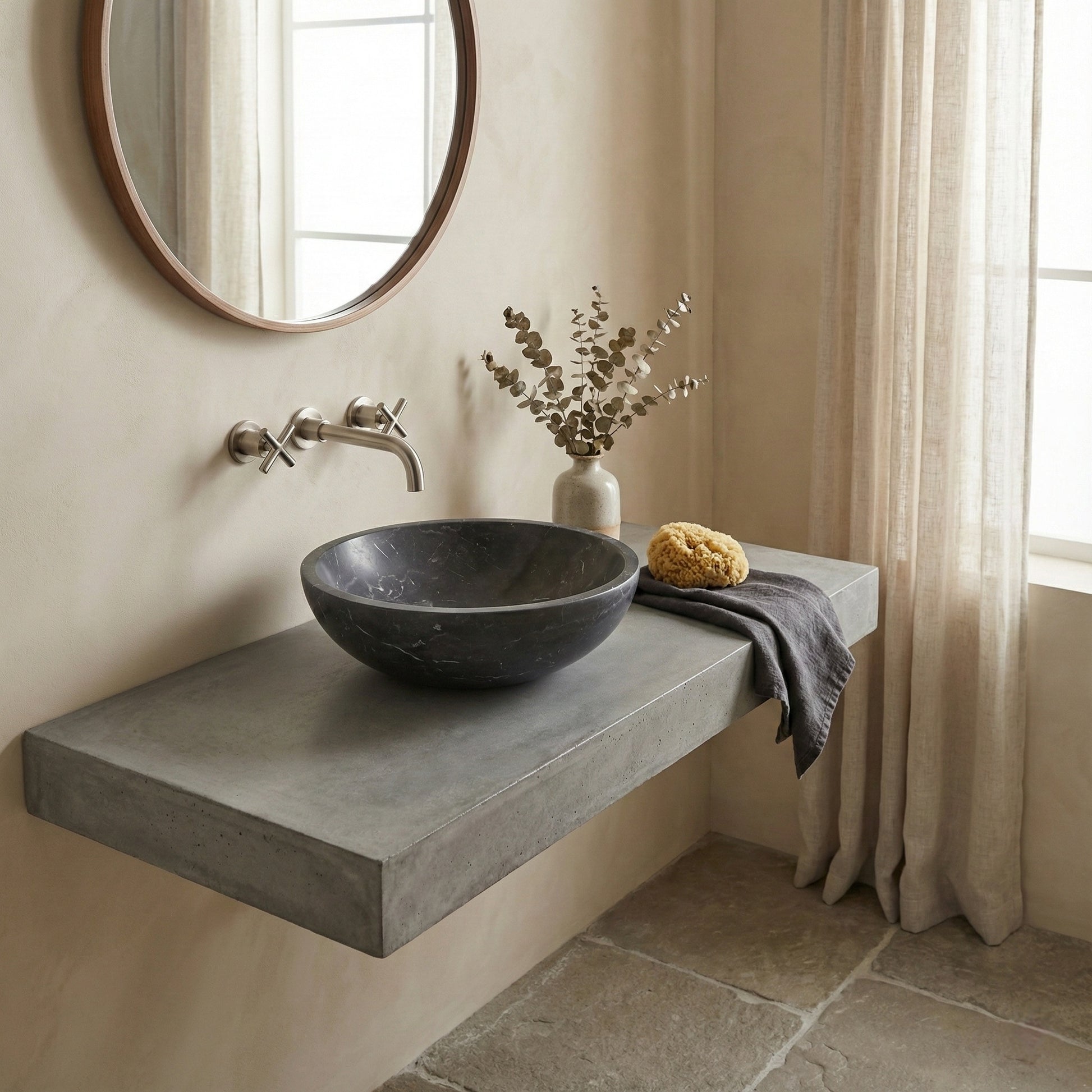 15.7" Bathroom Round Dark Gray Matte Finish Marble Vessel Sink