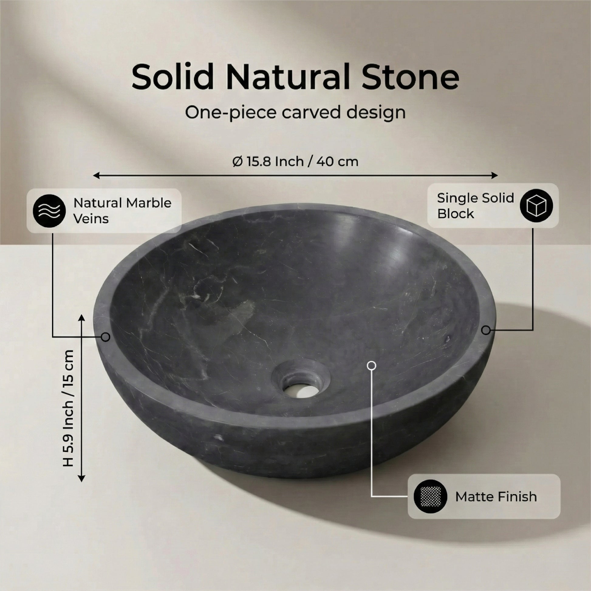 15.7" Bathroom Round Dark Gray Matte Finish Marble Vessel Sink