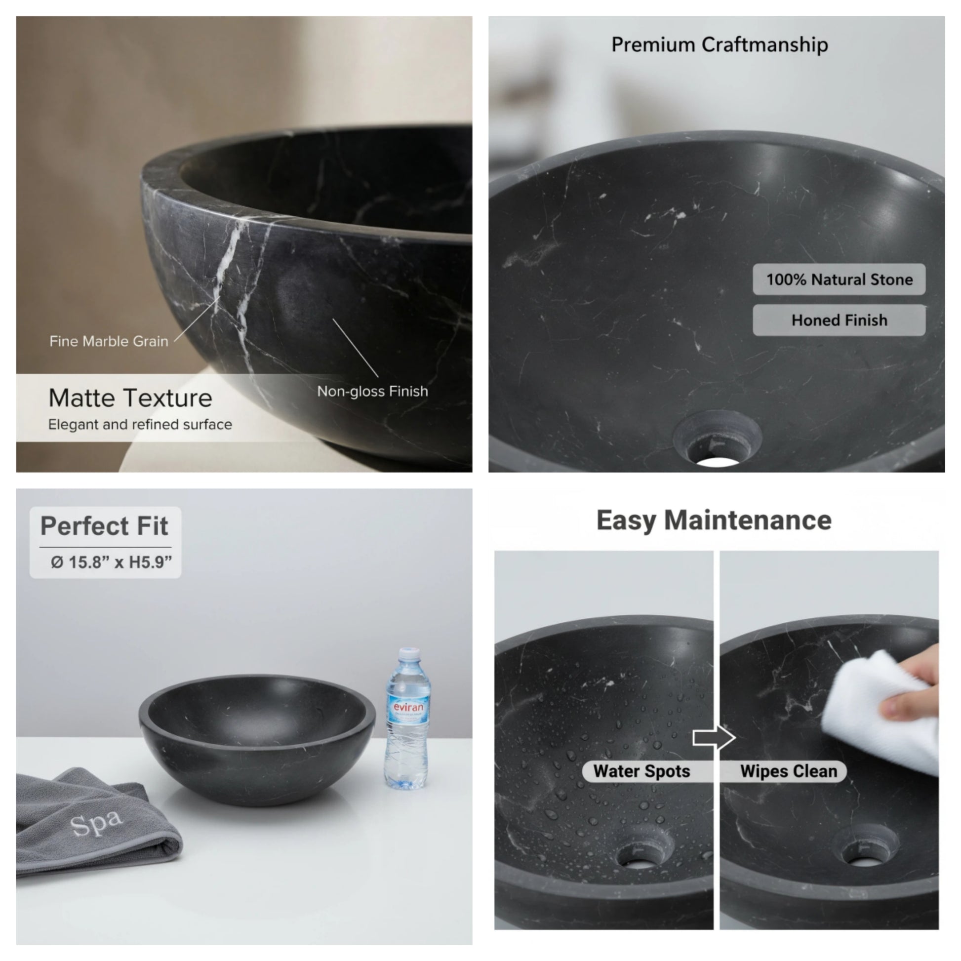 15.7" Bathroom Round Dark Gray Matte Finish Marble Vessel Sink