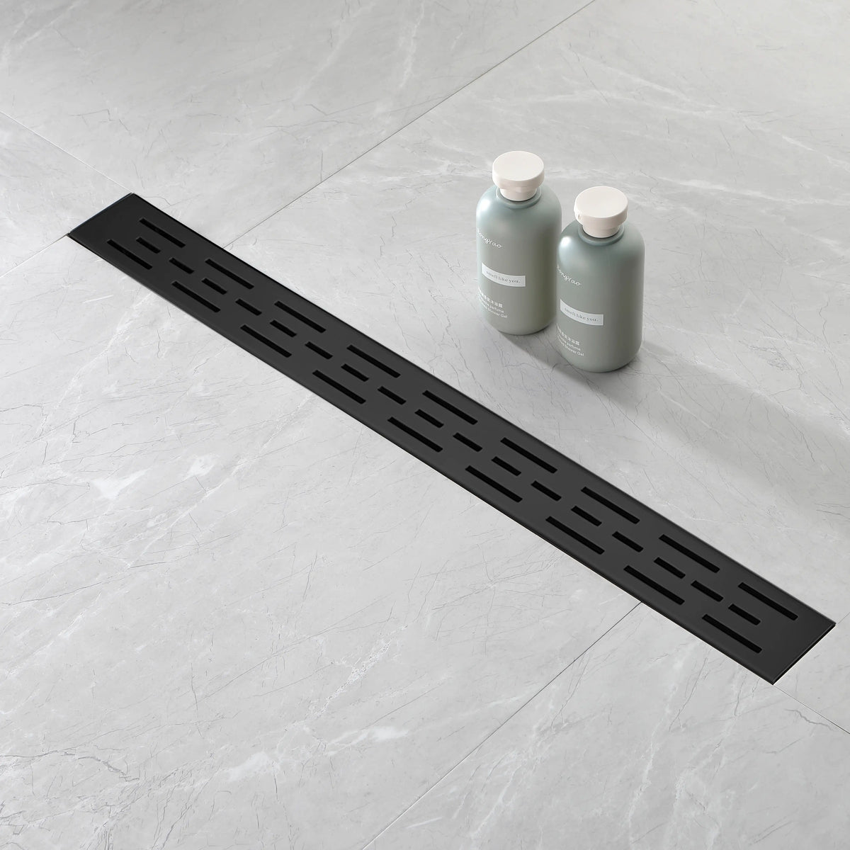 Linear Shower Drain with Brick Pattern Grate Cover and Hair Strainer in 304 Stainless Steel