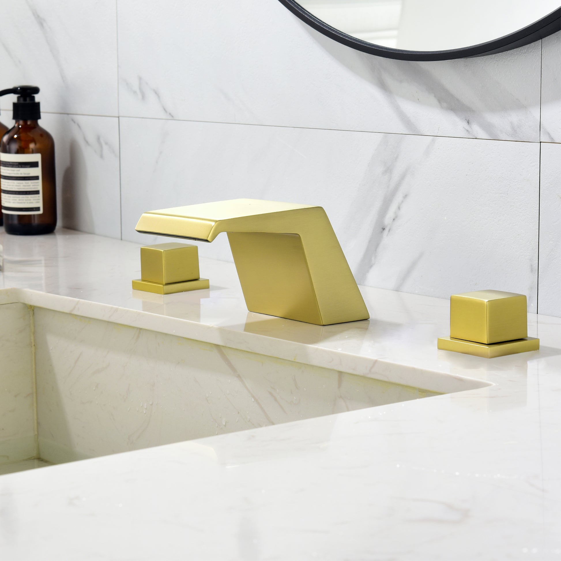 8" Widespread Solid Brass Double Handle Bathroom Faucet with Waterfall Spout
