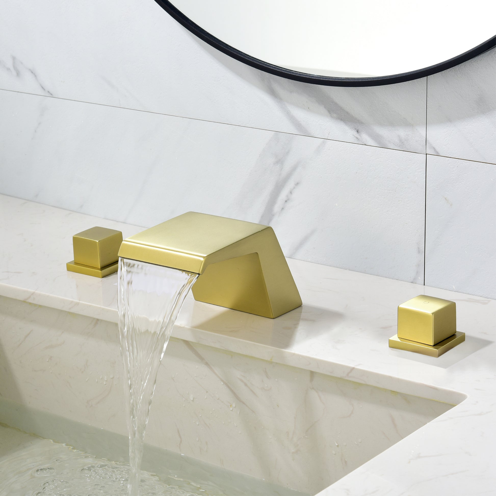 8" Widespread Solid Brass Double Handle Bathroom Faucet with Waterfall Spout