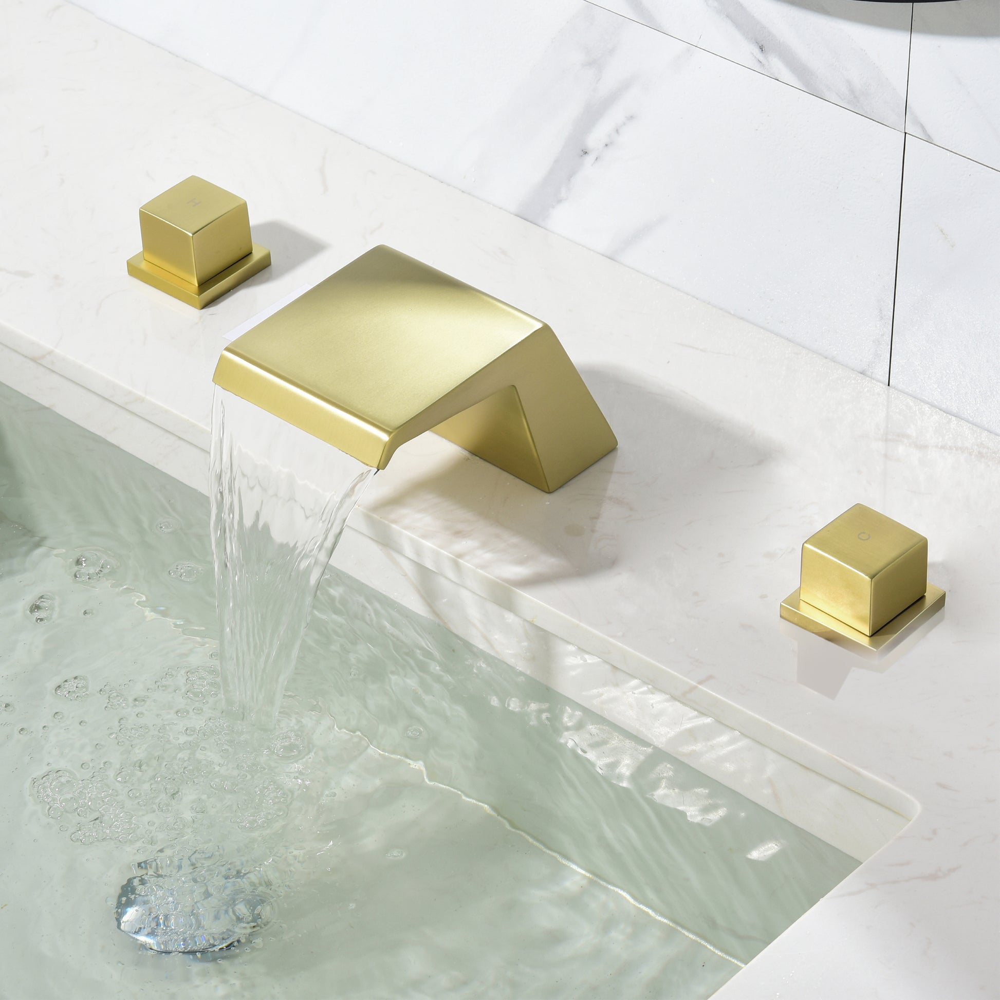 8" Widespread Solid Brass Double Handle Bathroom Faucet with Waterfall Spout