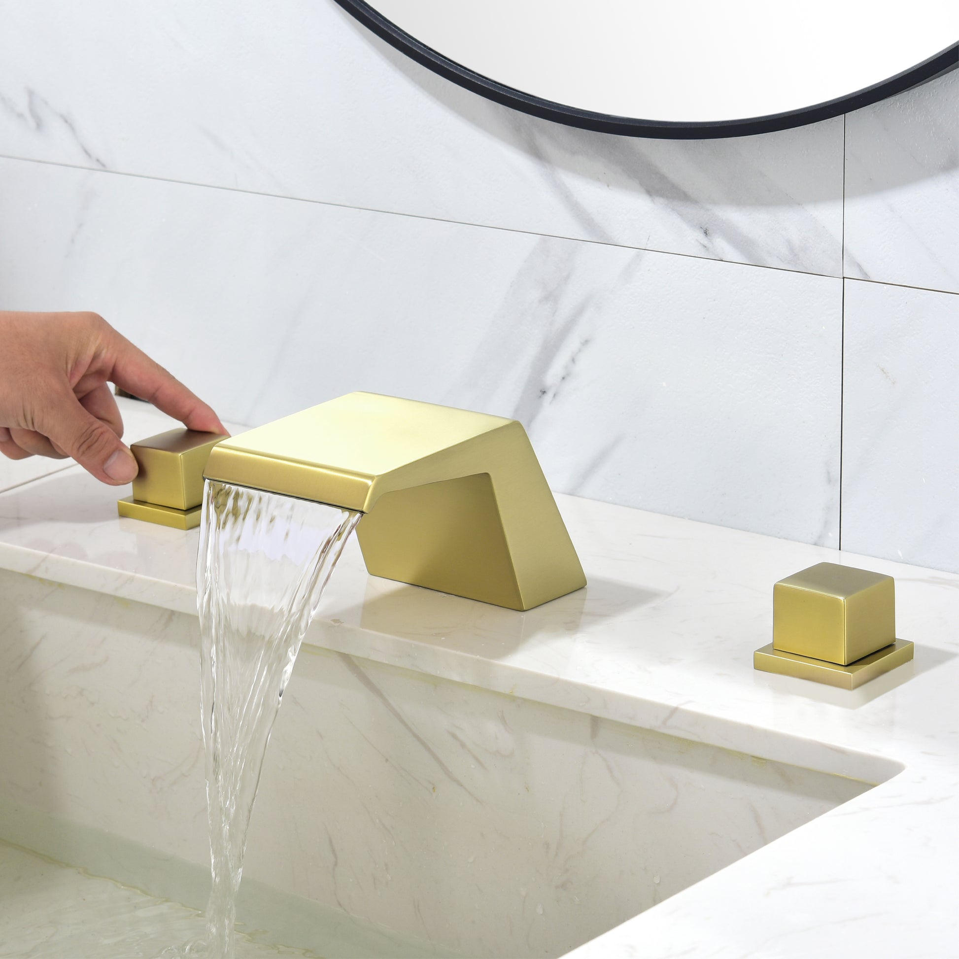 8" Widespread Solid Brass Double Handle Bathroom Faucet with Waterfall Spout
