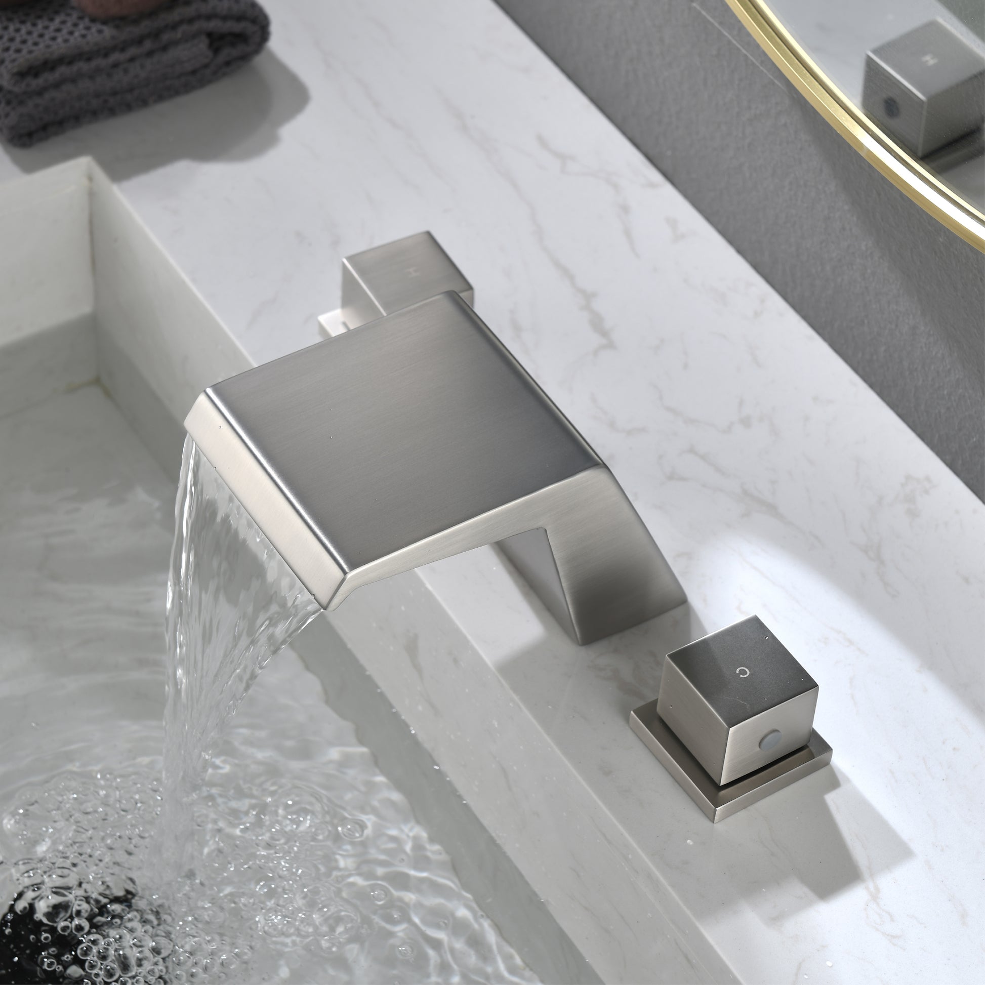 8" Widespread Solid Brass Double Handle Bathroom Faucet with Waterfall Spout