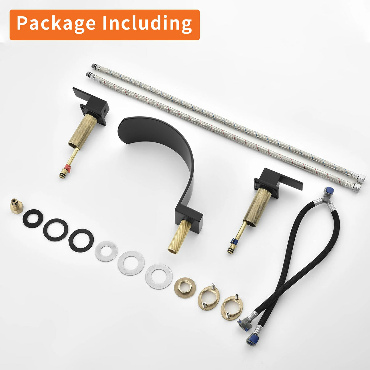 Brushed Gold/ Matte Black Widespread Bathroom Faucet with Waterfall Spout, Two Handles and cUPC Quick Connector Hose