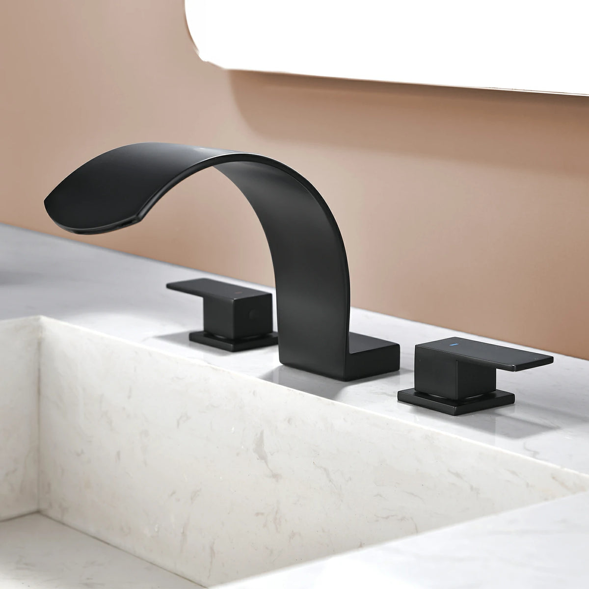 Brushed Gold/ Matte Black Widespread Bathroom Faucet with Waterfall Spout, Two Handles and cUPC Quick Connector Hose