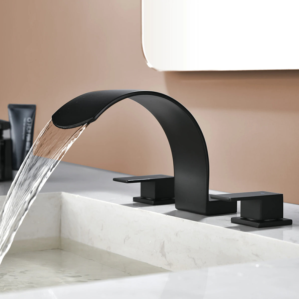 Brushed Gold/ Matte Black Widespread Bathroom Faucet with Waterfall Spout, Two Handles and cUPC Quick Connector Hose