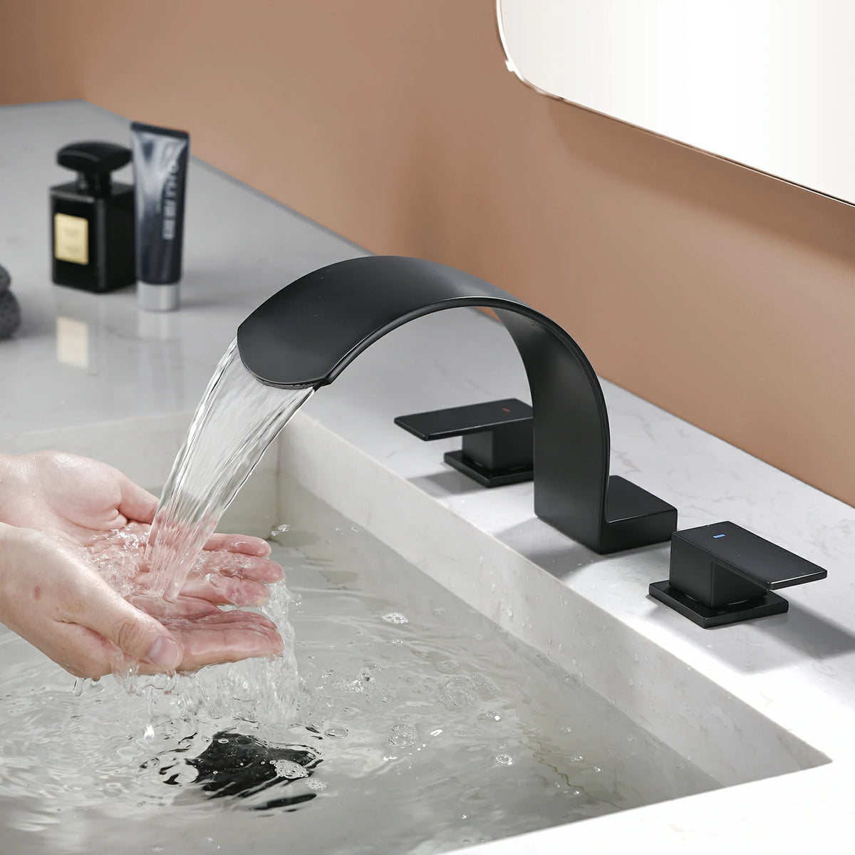 Brushed Gold/ Matte Black Widespread Bathroom Faucet with Waterfall Spout, Two Handles and cUPC Quick Connector Hose