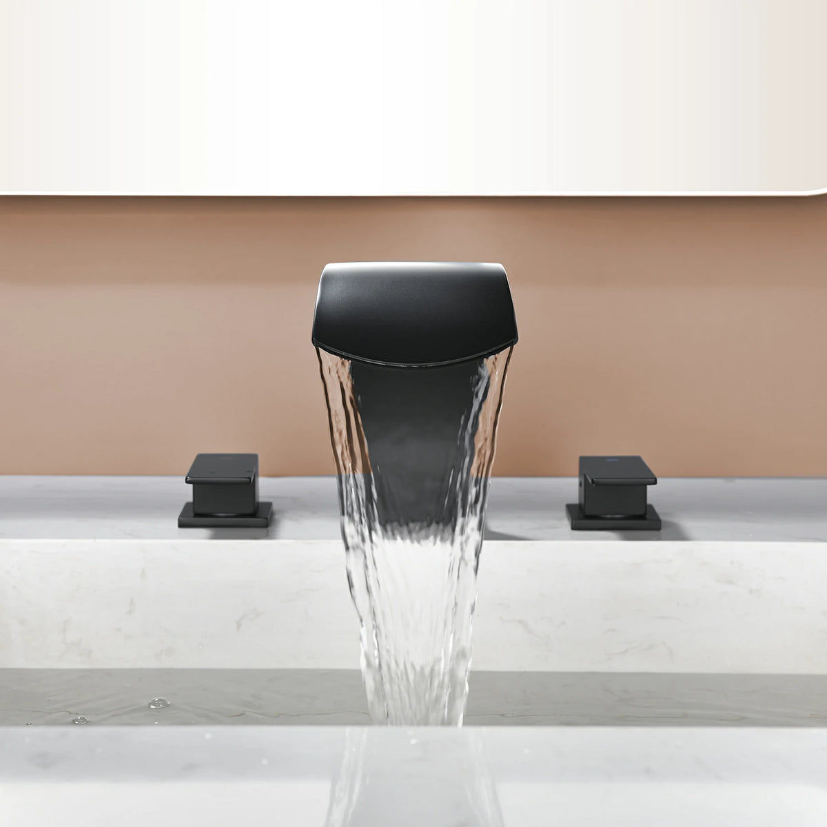 Brushed Gold/ Matte Black Widespread Bathroom Faucet with Waterfall Spout, Two Handles and cUPC Quick Connector Hose