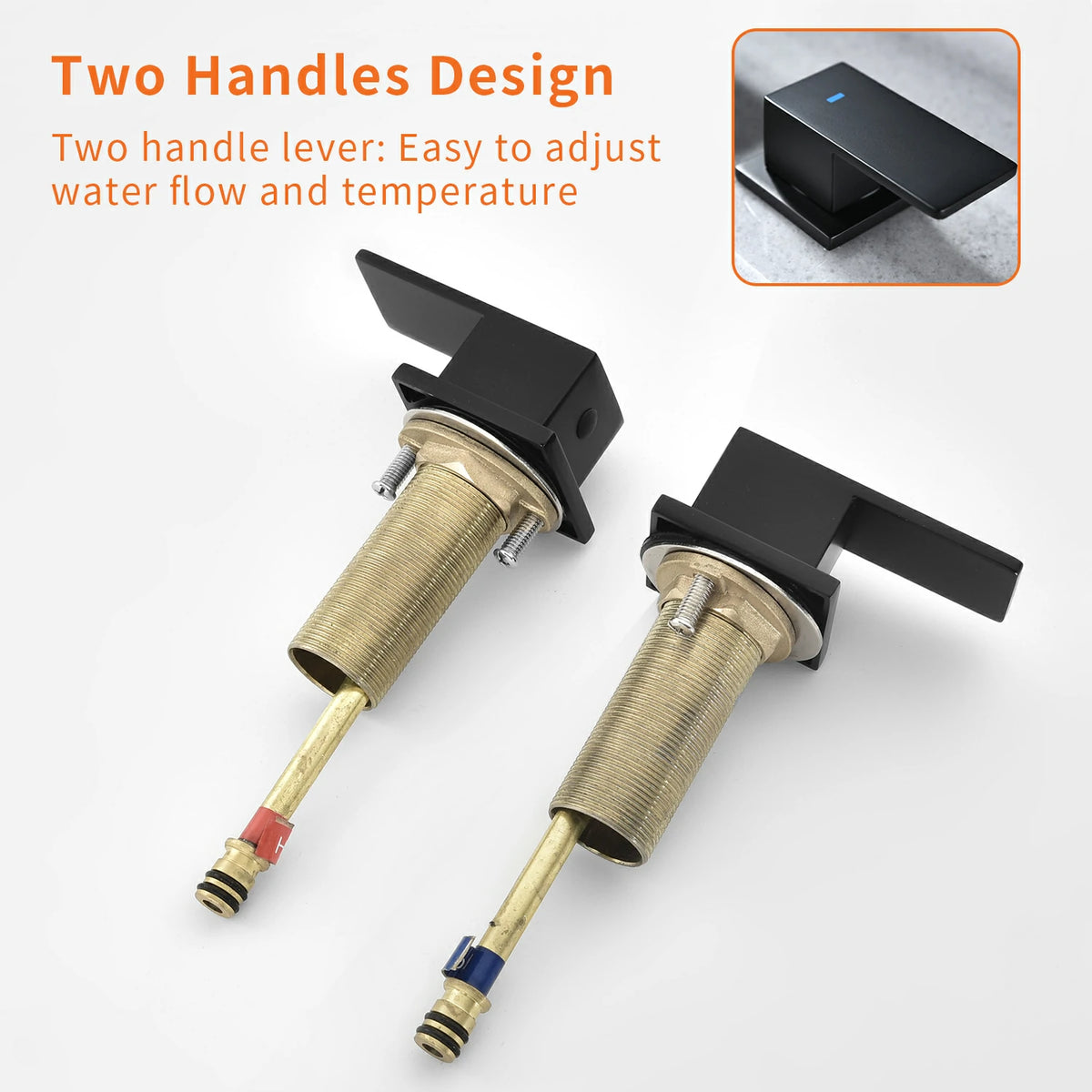 Brushed Gold/ Matte Black Widespread Bathroom Faucet with Waterfall Spout, Two Handles and cUPC Quick Connector Hose