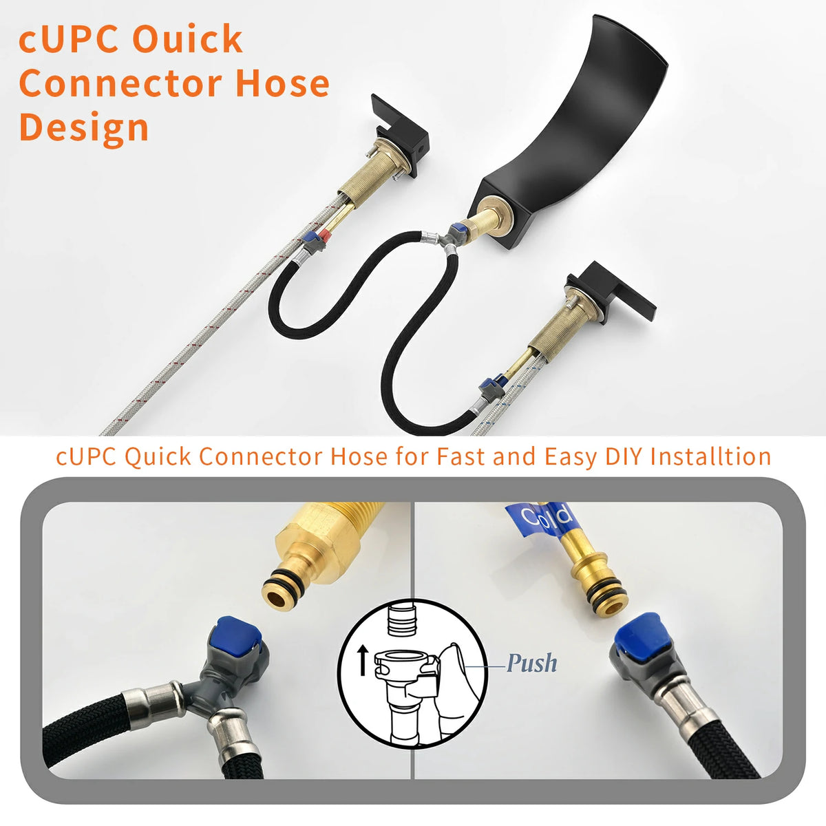 Brushed Gold/ Matte Black Widespread Bathroom Faucet with Waterfall Spout, Two Handles and cUPC Quick Connector Hose