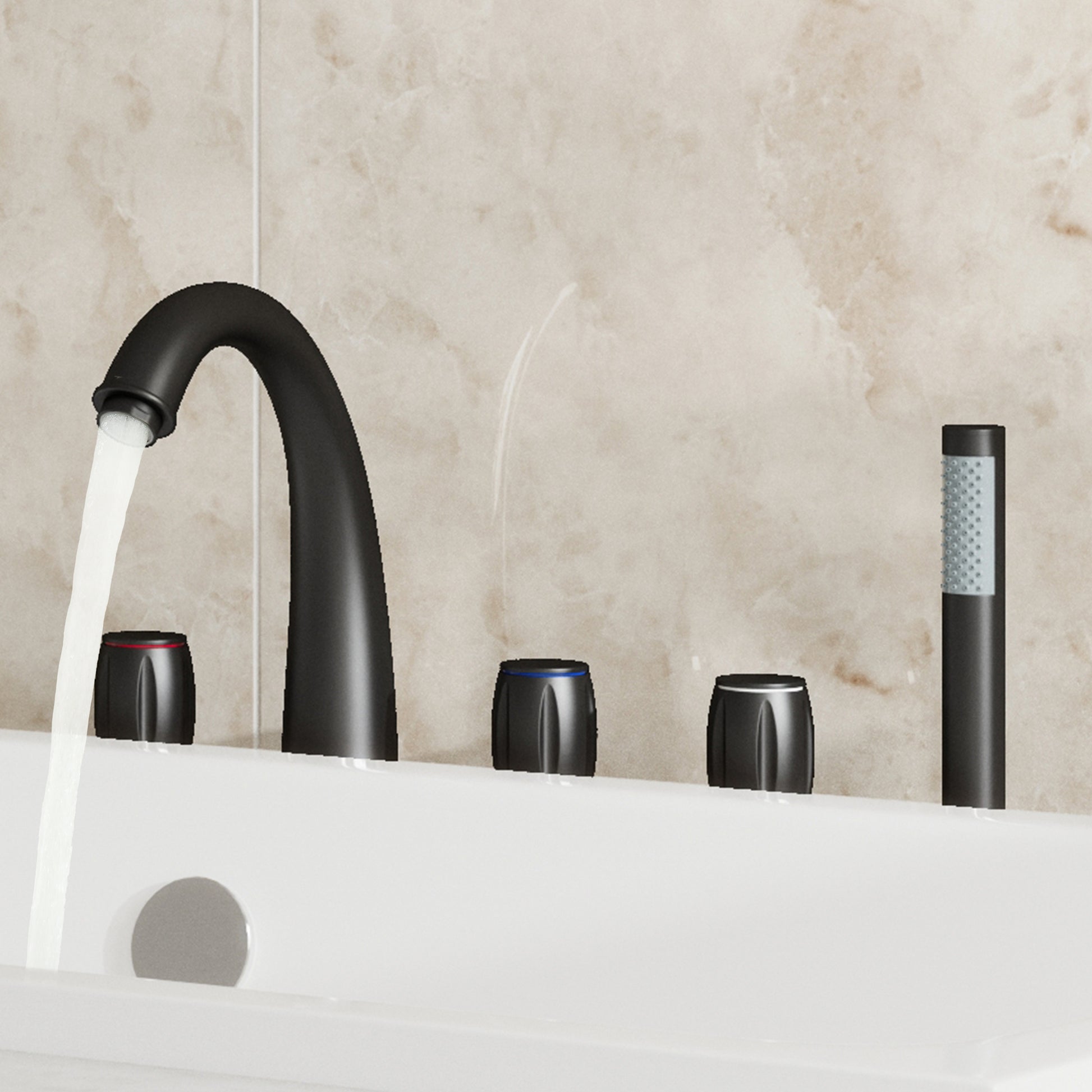 3-Handle Deck-Mounted Waterfall Roman Tub Faucet with Hand Shower