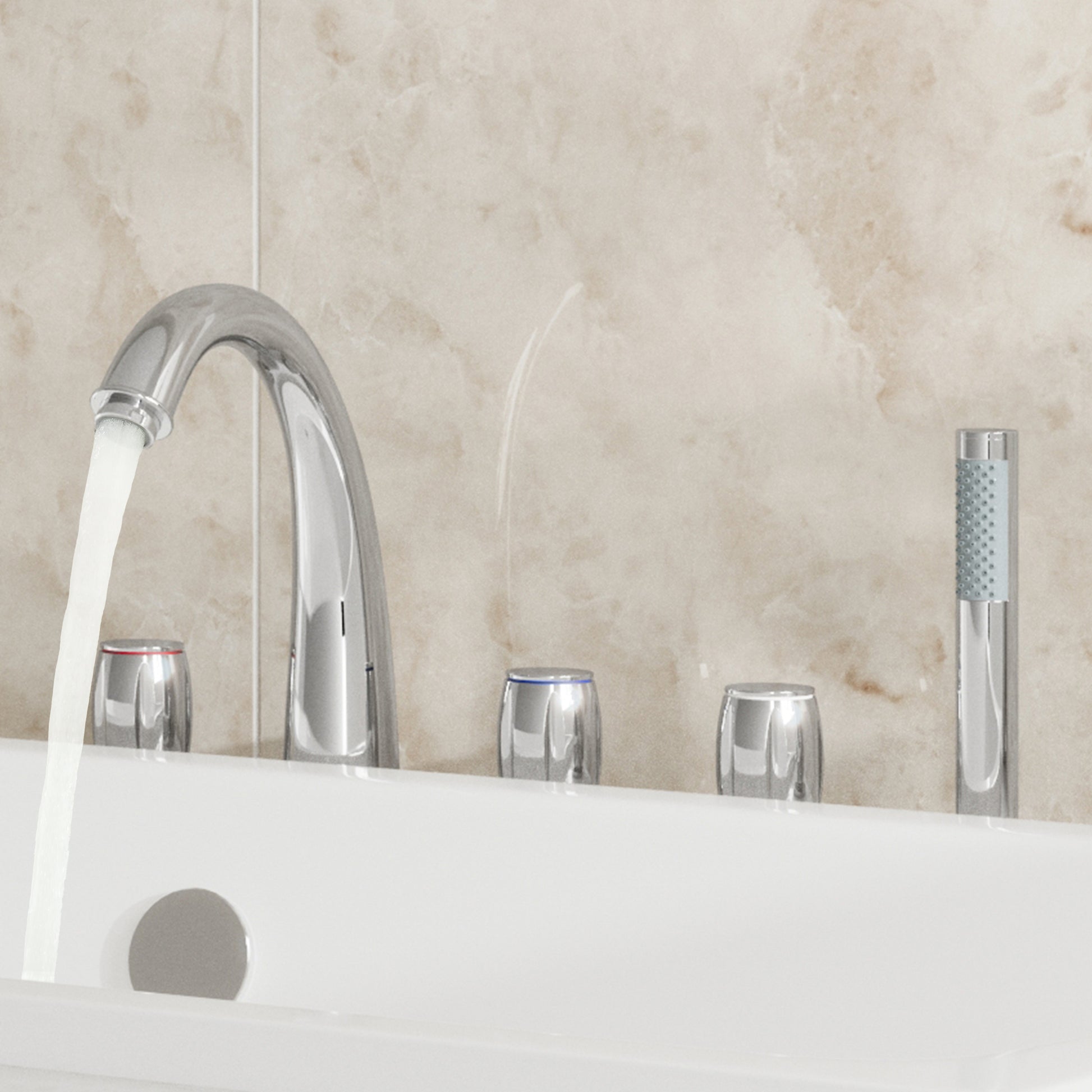 3-Handle Deck-Mounted Waterfall Roman Tub Faucet with Hand Shower