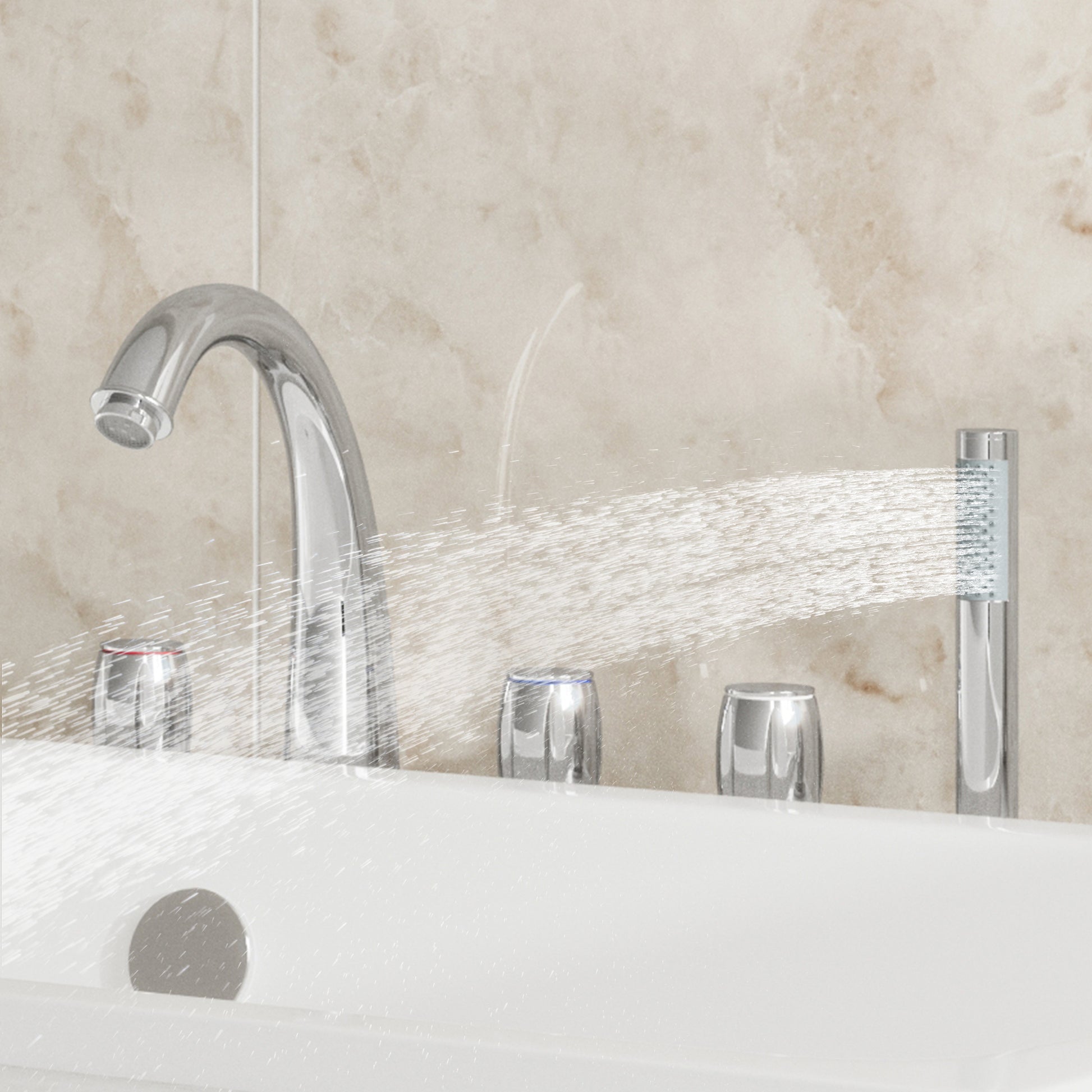 3-Handle Deck-Mounted Waterfall Roman Tub Faucet with Hand Shower