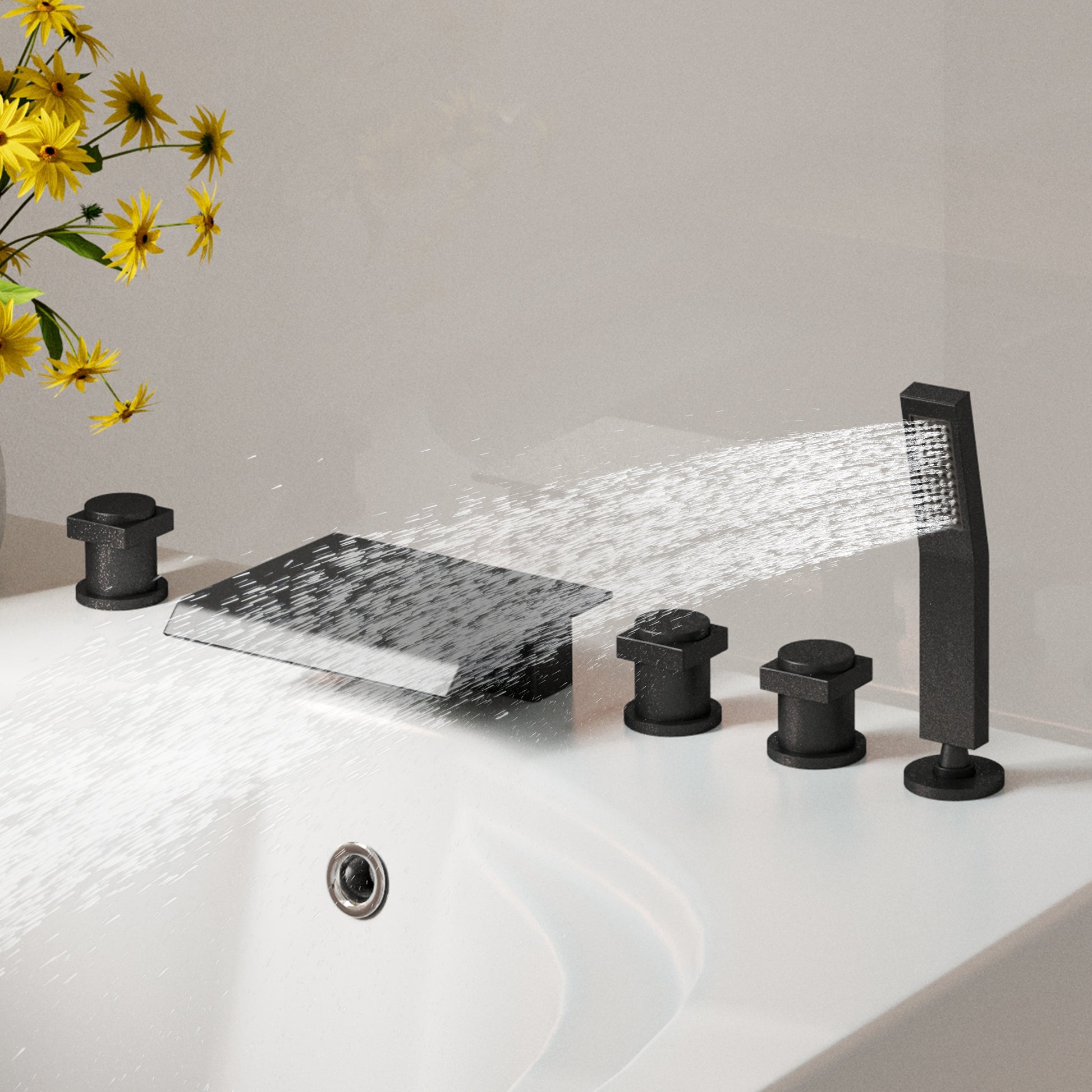 3-Handle 5 Holes Deck-Mounted Bathtub Faucet with Handheld Shower