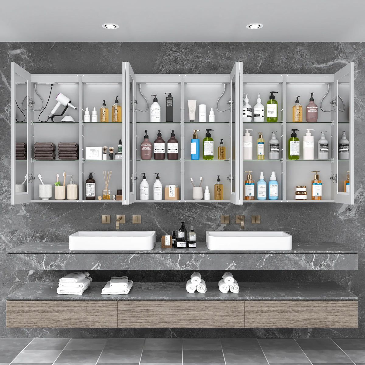 16"-96" Aluminum LED Medicine Cabinet with Anti-Fog Mirror, 3 Color Temperatures & Dimmable Lighting