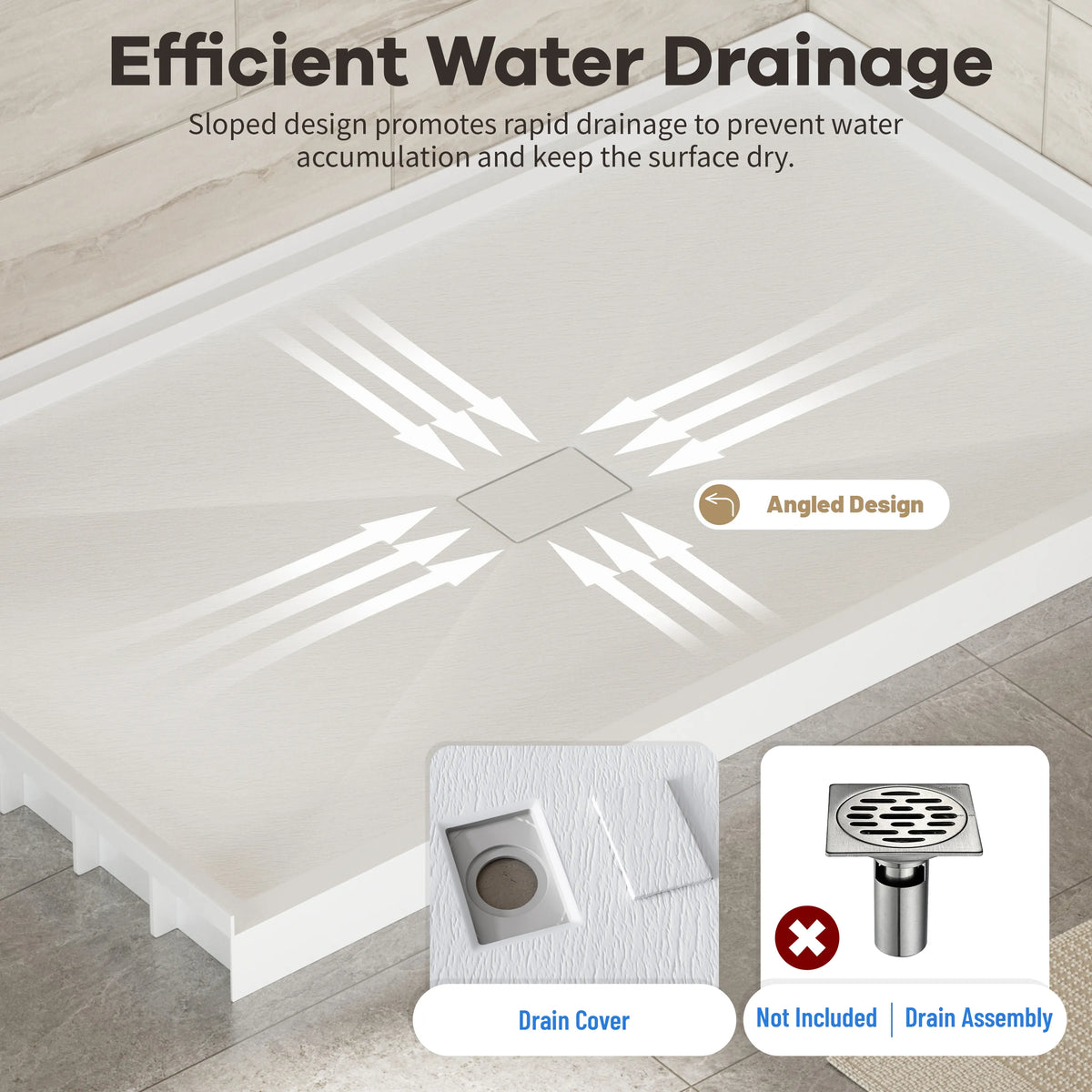 36"-60"x30"-36" White SMC Shower Base with Flamed Rock Slip-Resistant Surface, Center Drain