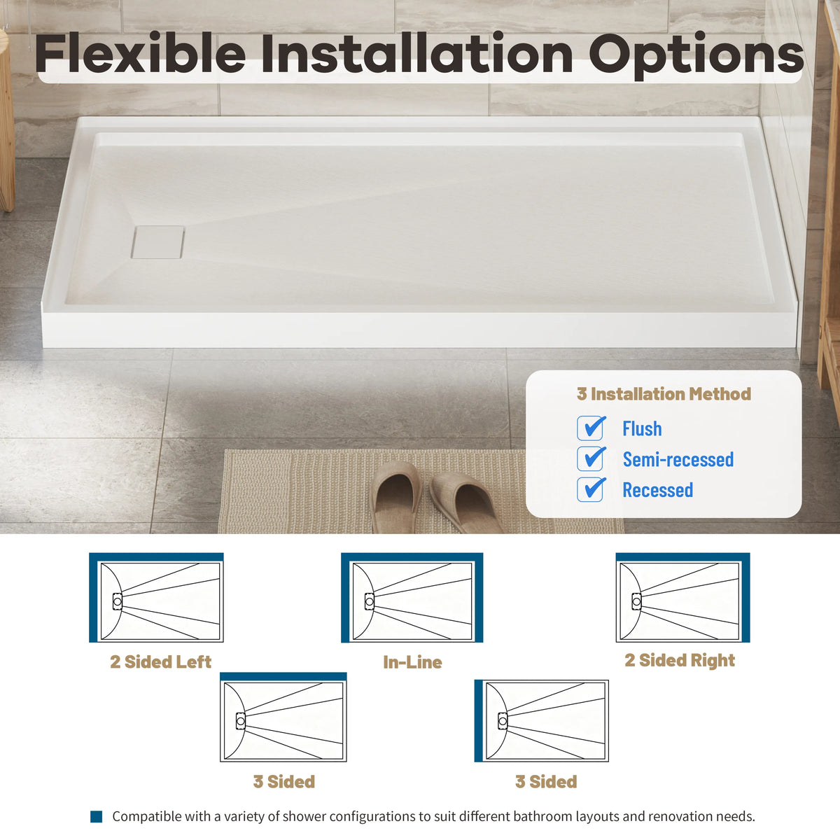 48"/60"x30"-36" White SMC Shower Base with Flamed Rock Slip-Resistant Surface, Left/Right Drain