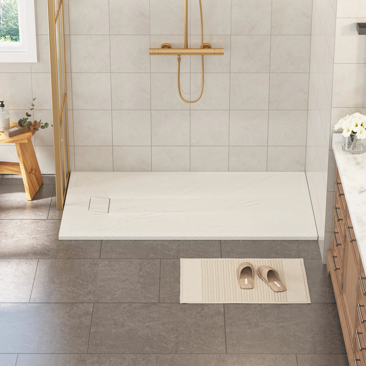 60"x32"/36" Curbless SMC Shower Base with Flamed Rock Slip-Resistant Surface, Reversible Drain