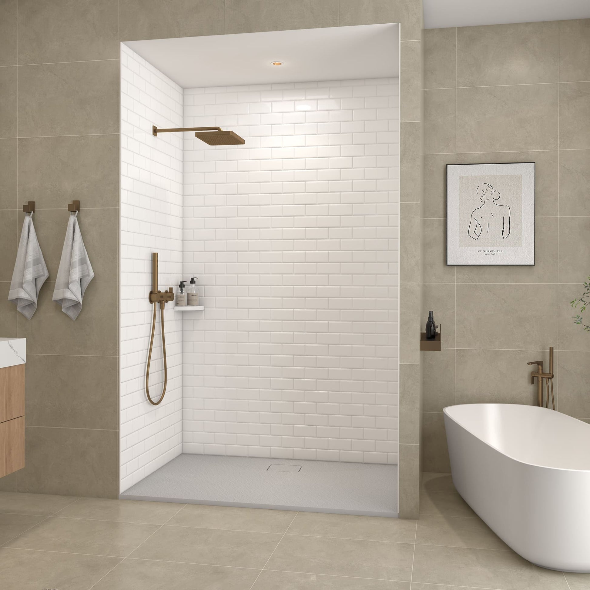 60"x32"x96" SMC Shower Wall Panel Kit with Small Subway Tile Pattern with Matte White / Glossy White Finish