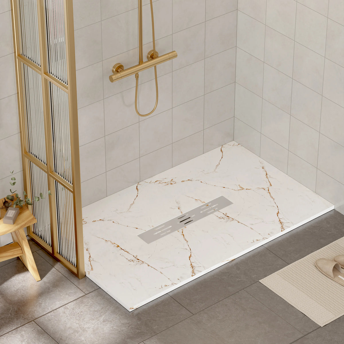 60"x36" White/Calacatta Curbless SMC Shower Base with Flamed Rock Slip-Resistant Surface, Center Drain